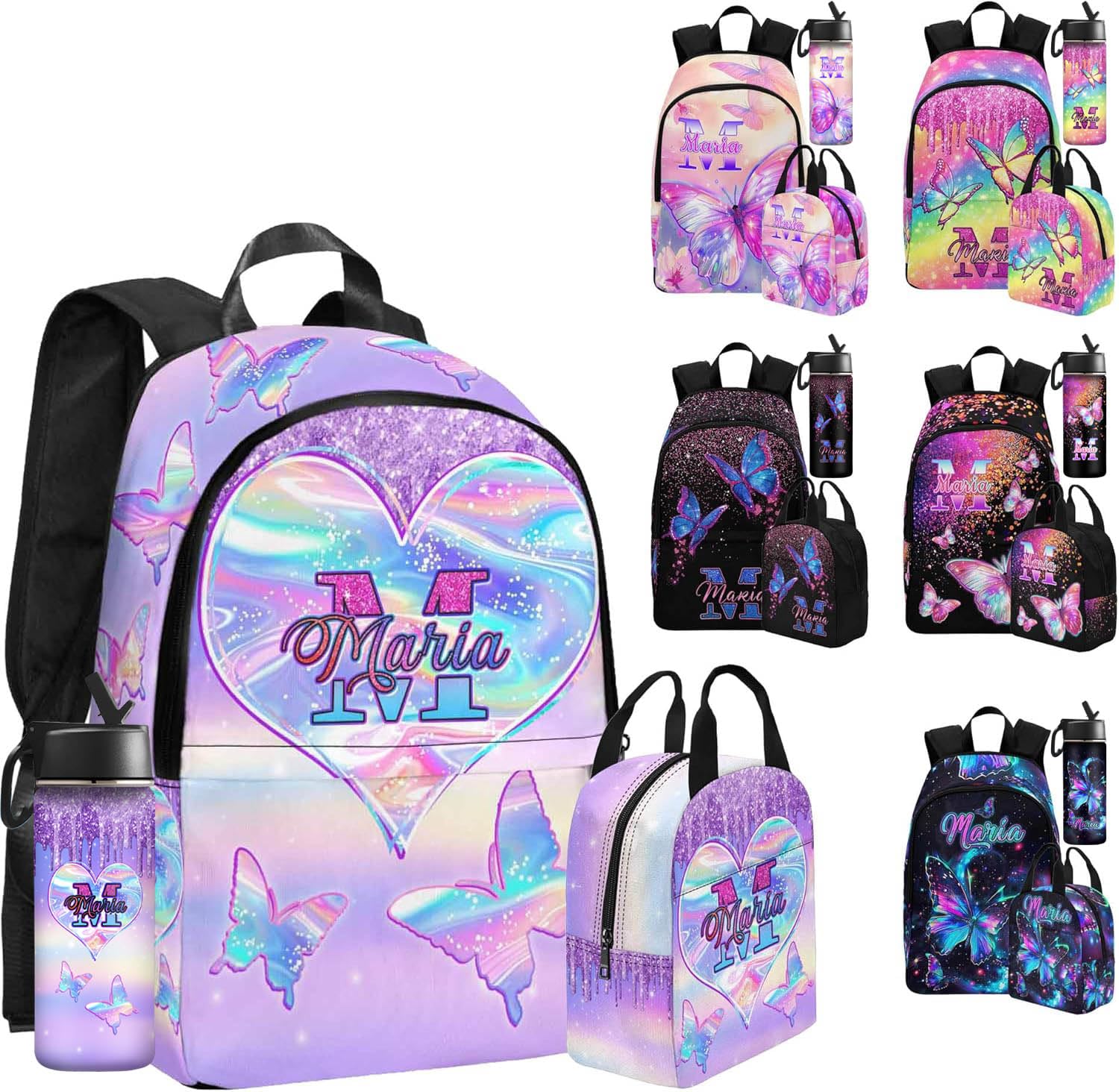 ArteKunsty Personalized Girls Backpack with Name, Blue Purple Butterfly Letter Custom Backpacks for Kids Children School Kindergarten for Travel