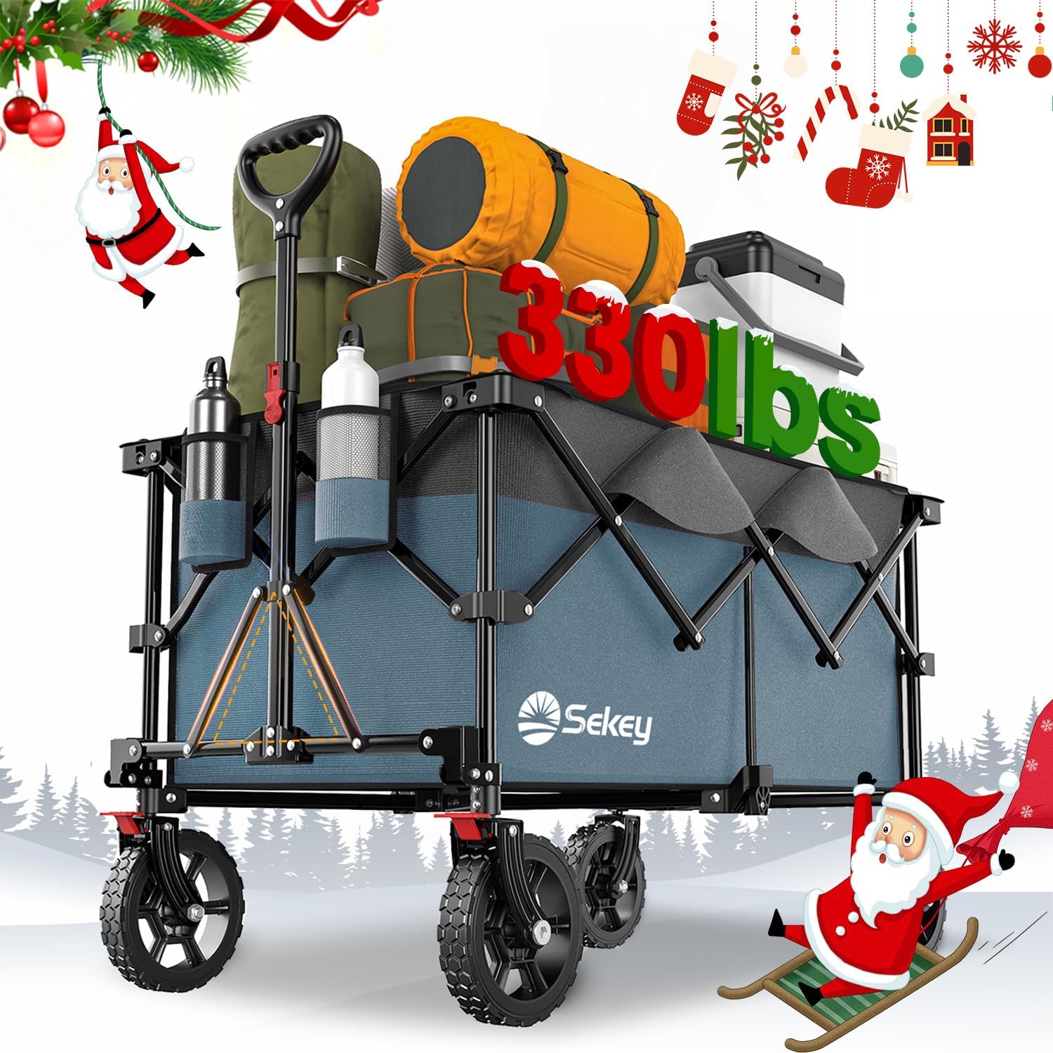 Sekey 220L Collapsible Foldable Wagon with 330lbs Weight Capacity, Heavy Duty Folding Wagon Cart with Big All-Terrain Wheels & Drink Holders (Blue&Grey)