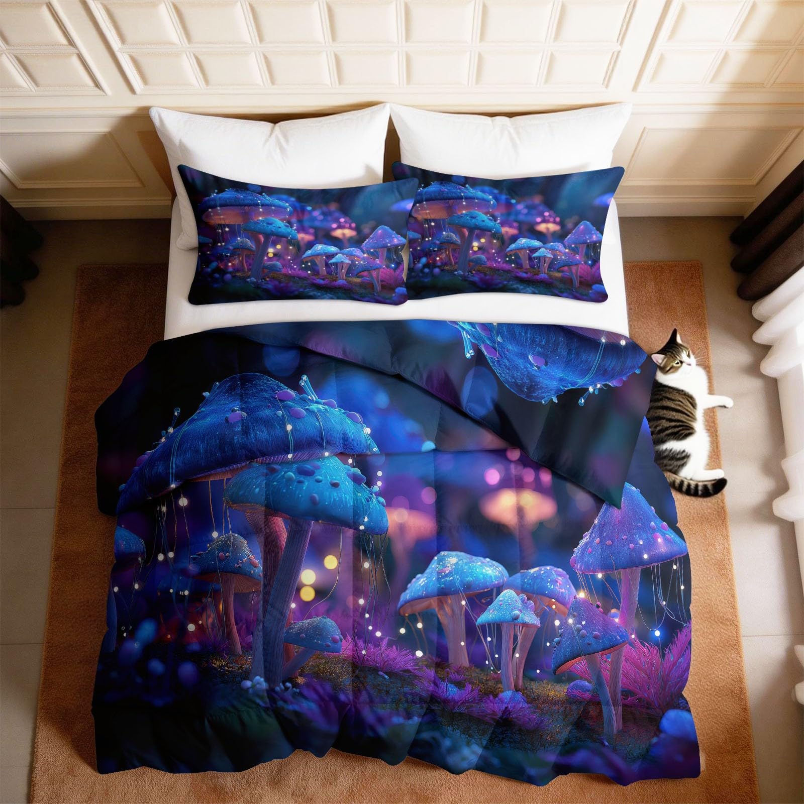 Kołdra 4 pory roku 220 x 240 cm, fantastyczna kołdra leśna na łóżko dla 2 osób, roślina grzybkowa fluorescencyjna niebieska dwustronna kołdra bez rękawów, lekka kołdra z 2 poszewkami na poduszki
