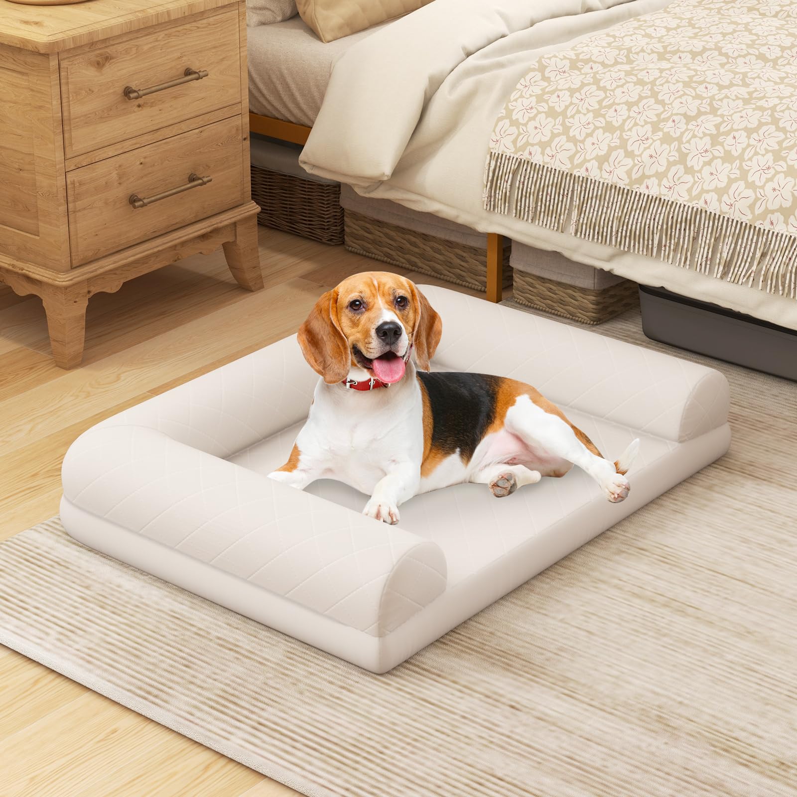 COSTWAY Cama Perros Medianos y Pequeños, 90x69x18 cm, Cama Ortopédica para Perros con Espuma de Huevo y Cojín de 3 Lados, Base Antideslizante, Sofá para Mascotas, Desenfundable y Lavable (Beige)