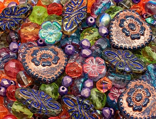 Miniatura 5 de Mezcla de cuentas prensadas de vidrio de Bohemia checa, 2.1 oz (60 g) de cobre, corte de mesa, mate y brillante, esmalte de fuego facetado, kit