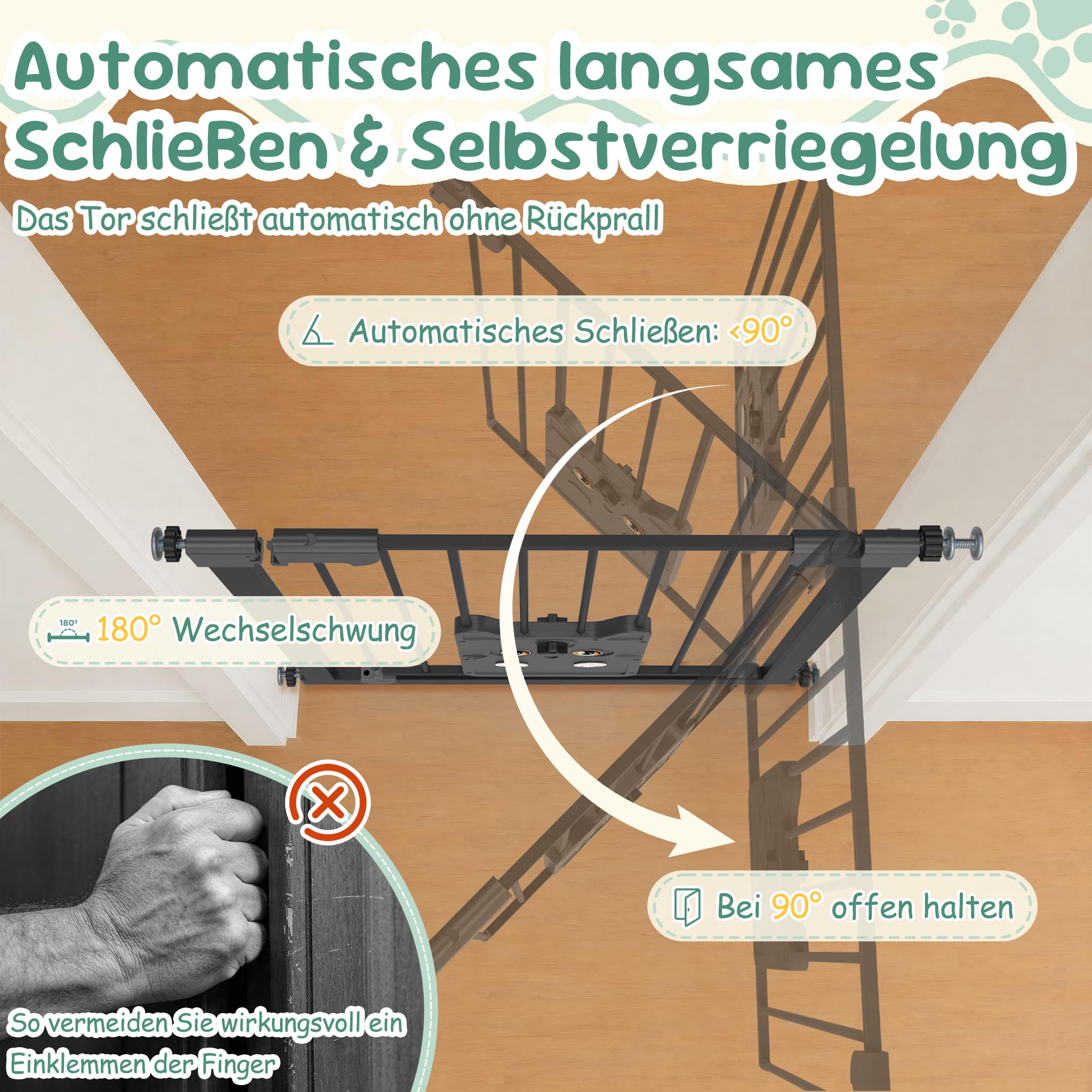 Innen Absperrgitter mit 30cm Verlängerung ohne Bohren, Türschutzgitter mit individuell gestaltbarer Schiebetür, zweiseitig schwenkbar Auto-Close, 105–115 cm Schwarz