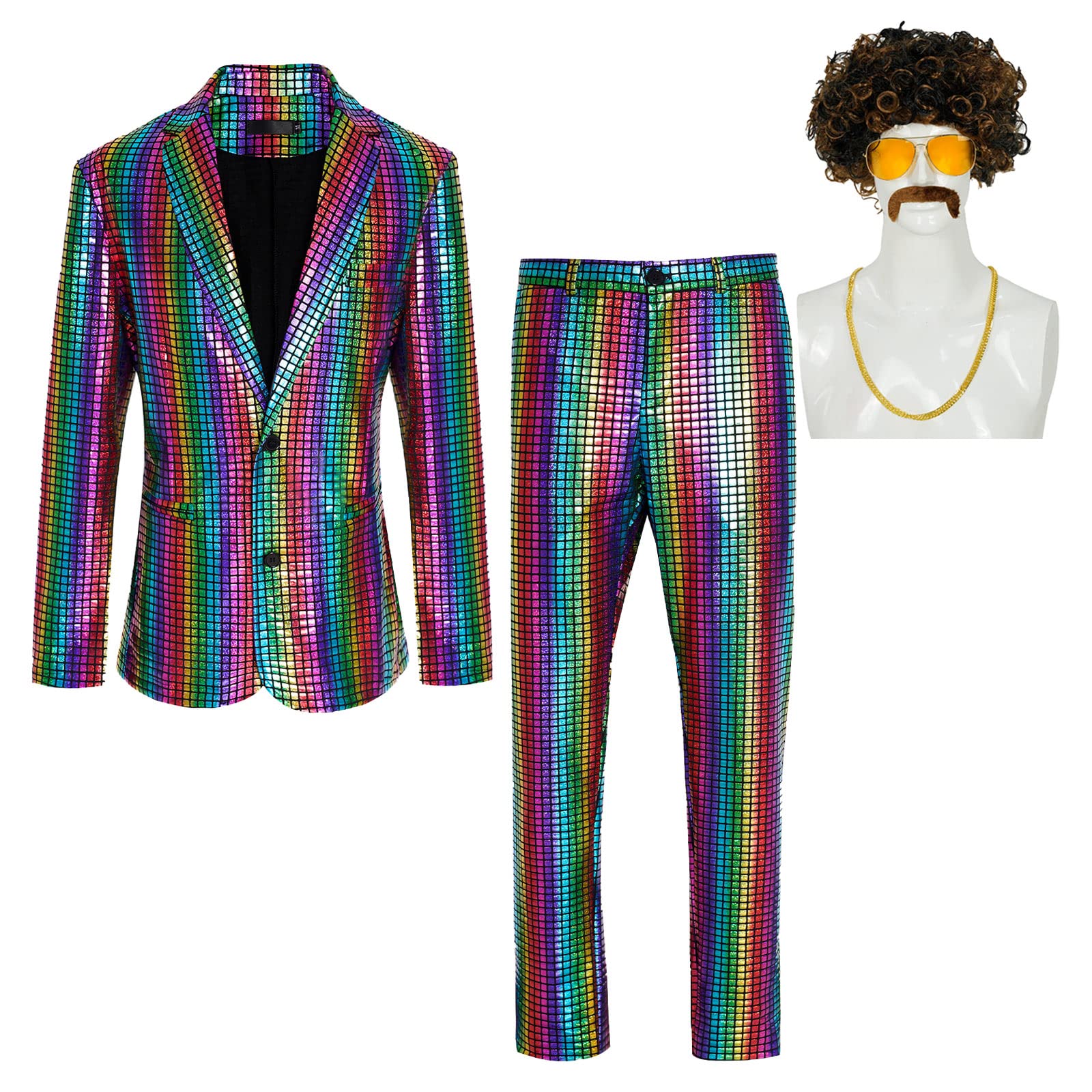 Mens Disco Costume Shiny Sequin Suits Set 70s Party Outfits
