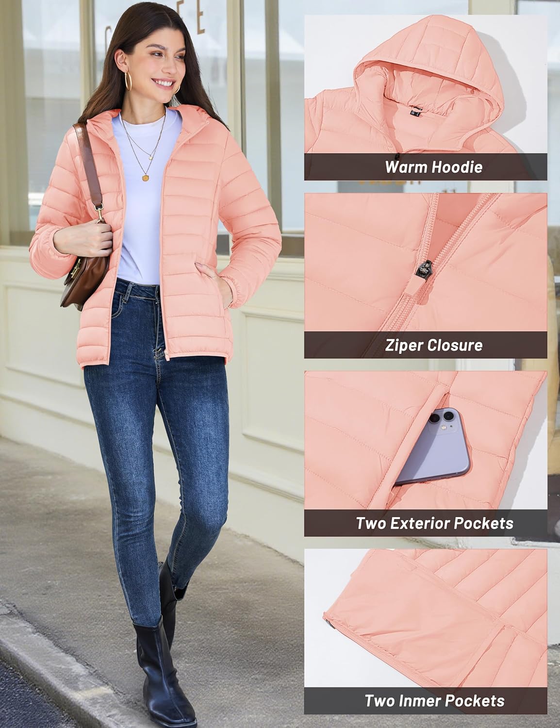 YUCOLEN Women's Puffer Jacket with Hood Lightweight Quilted Padded 4 Pockets Zip-up Coat Winter Jackets for Women - Image 6