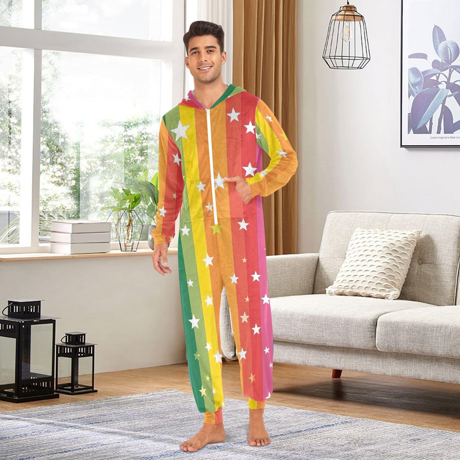 GAIREG Pigiama intero con cappuccio unisex per adulti a righe arcobaleno e stelle, pigiama natalizio per adulti con cappuccio