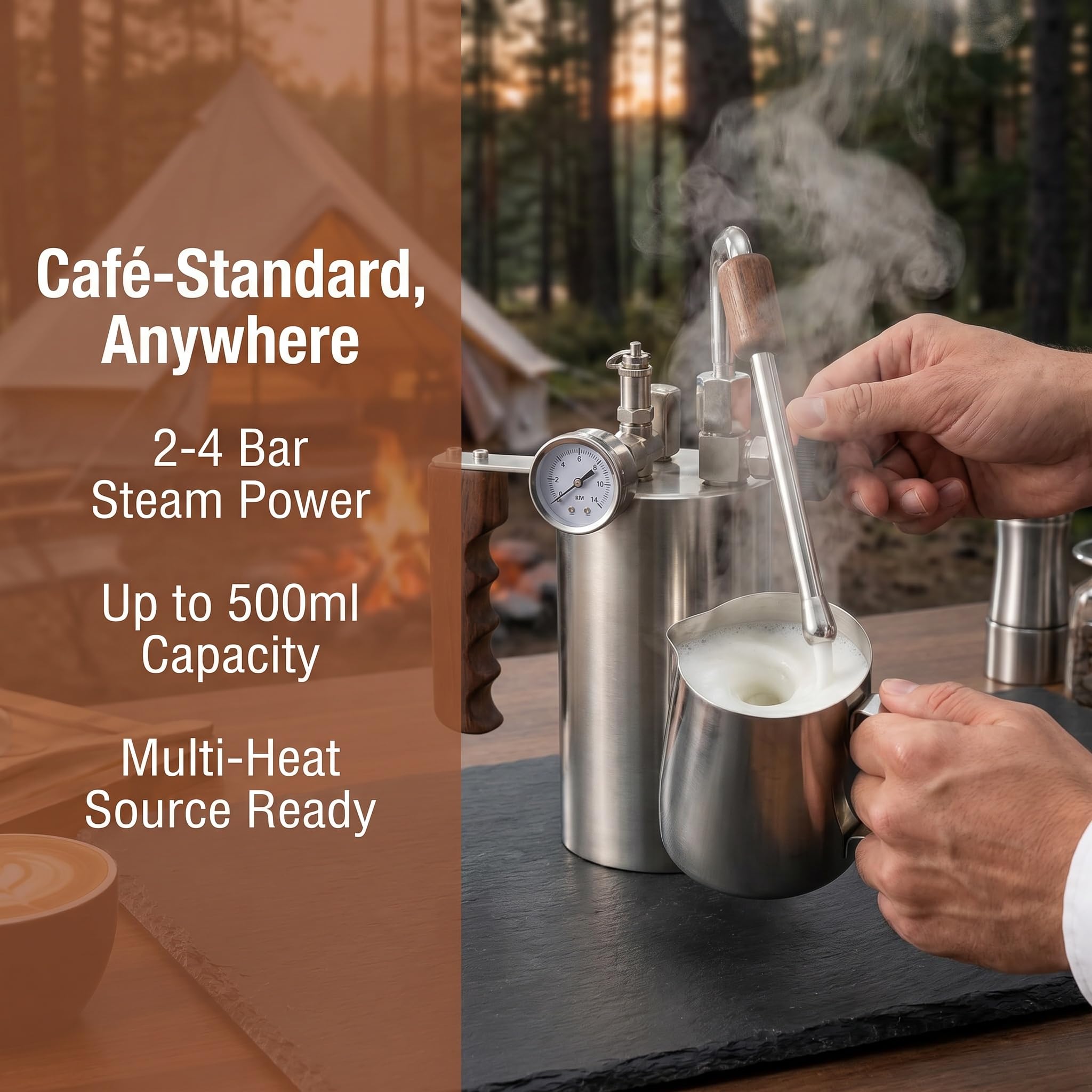 Spieniacz do mleka, ręczny elektryczny ekspres do kawy, maksymalne ciśnienie 4 bary, 100-500 ml, drewniany uchwyt, manometr, na kemping, latte, cappuccino
