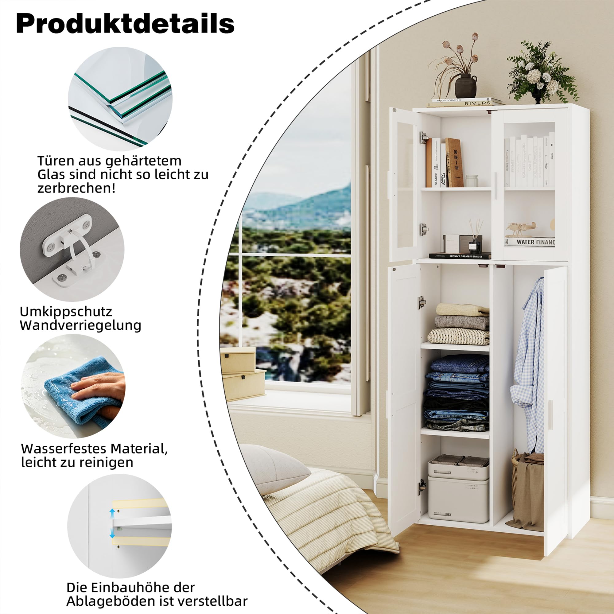 1 Pieza Armario de Cocina, Armario Escobero Exterior para Escobas Aparador Alto Estante con Puertas y Estante Ajustable Armarios para Baño/Cocina/Sala de Estar/Comedor/Pasillo/Blanco/65×30×165CM