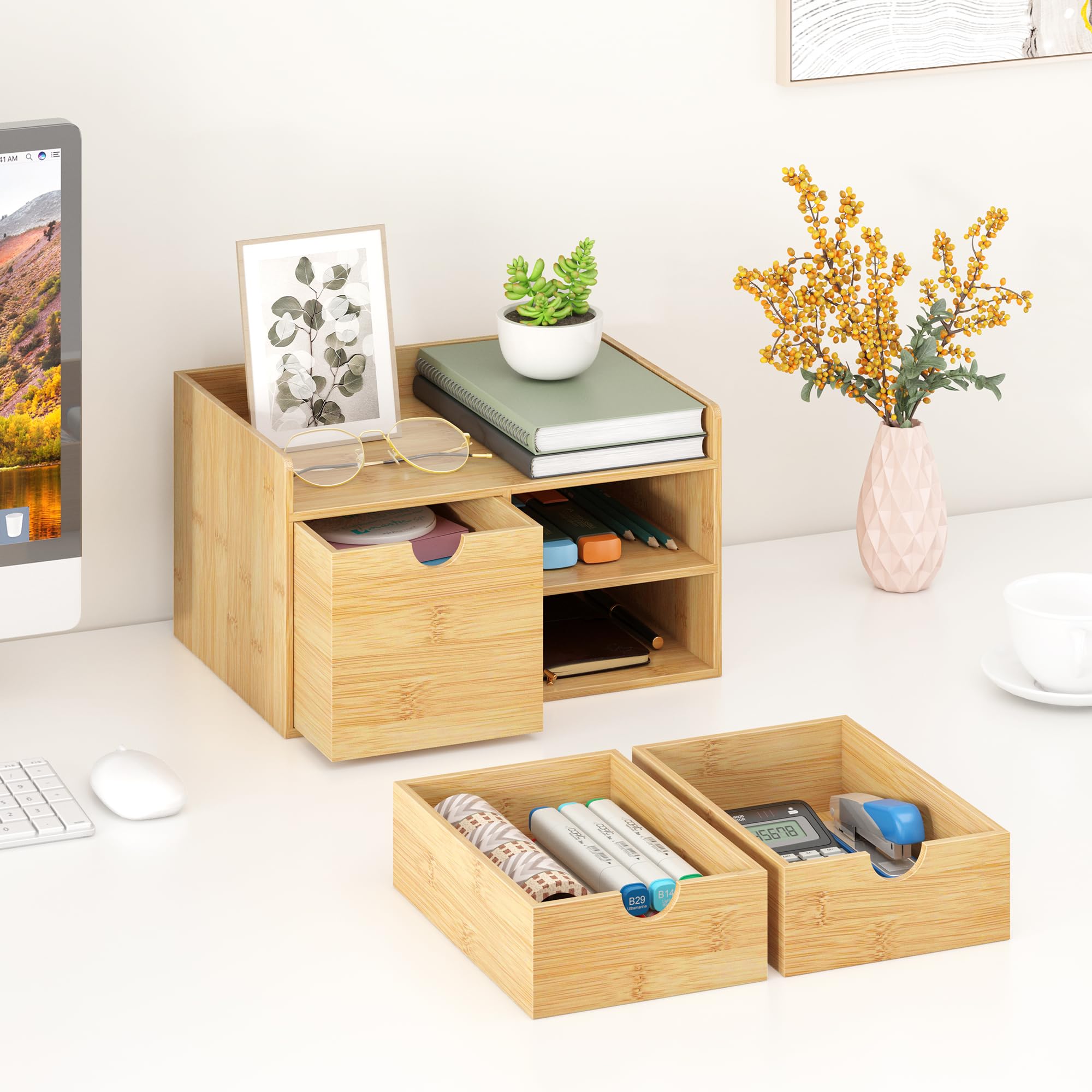 Wisuce Schreibtisch-Schubladen-Organizer aus Bambus, 3 Schubladen, Schreibtisch-Organizer mit Schubladen, Tischaufbewahrung, Organisationsbox für Büro, Zuhause, Toilettenartikel, Waschtisch, keine