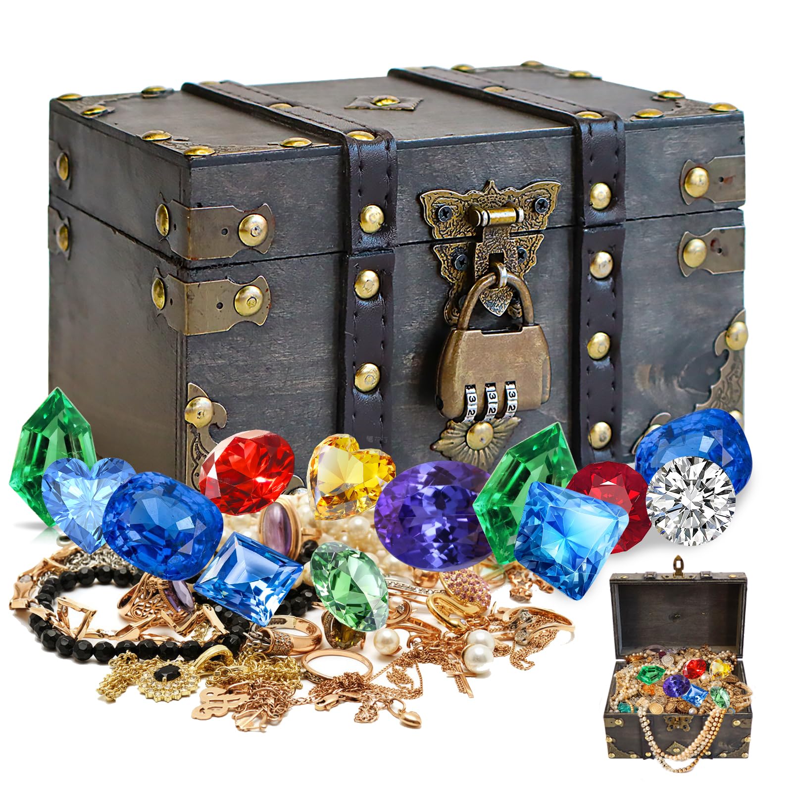 Yicaam Gray Vintage Wooden Treasure Chest Box With Lock (18X11.5x10.5cm) Treasure Jewelry Chest, Pirate Treasure Chest Box For Home Decor And Jewelry Storage
