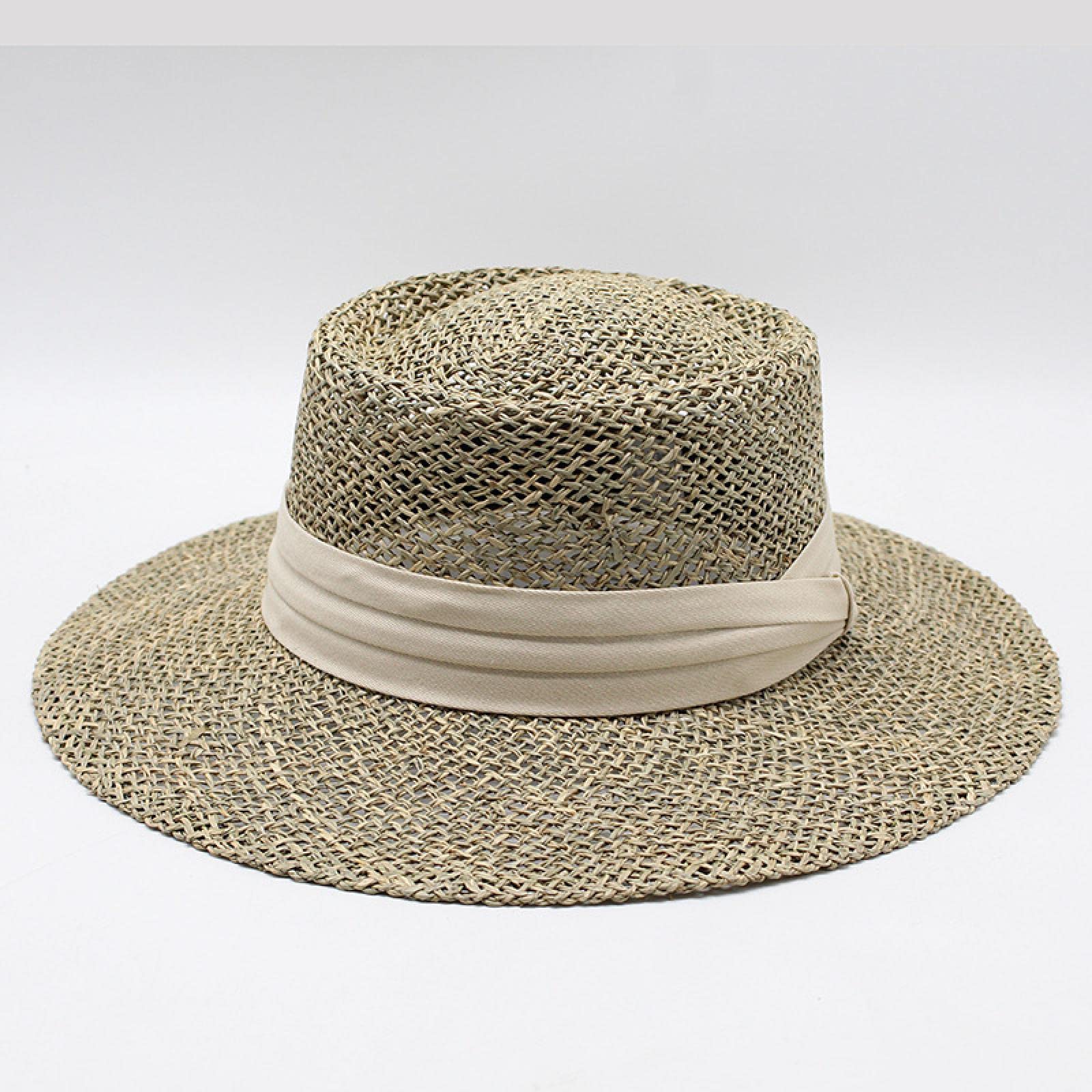 Sombrero para el Sol Paja Verano Mujer Diseño de Lazo Grande Lado Ancho Color sólido Playa Anti-Vacaciones (Blanco Talla 56)