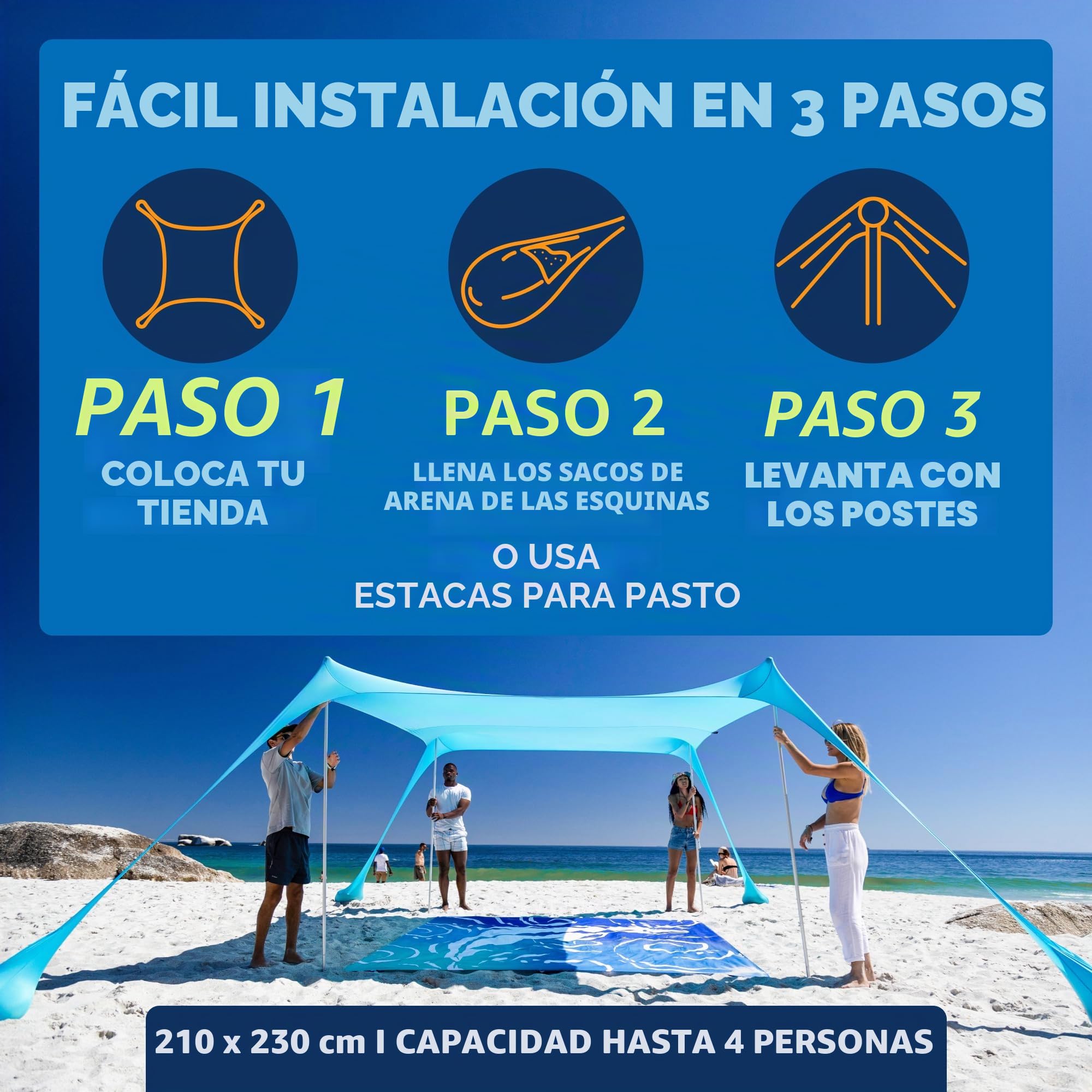 SUN NINJA Carpa Playa Plegable - Toldo Playa Plegable con Protección UPF 50+ - Toldo Camping con Bolsa de Transporte - con Pala Estacas y Postes - Parasol Playa Camping Pesca