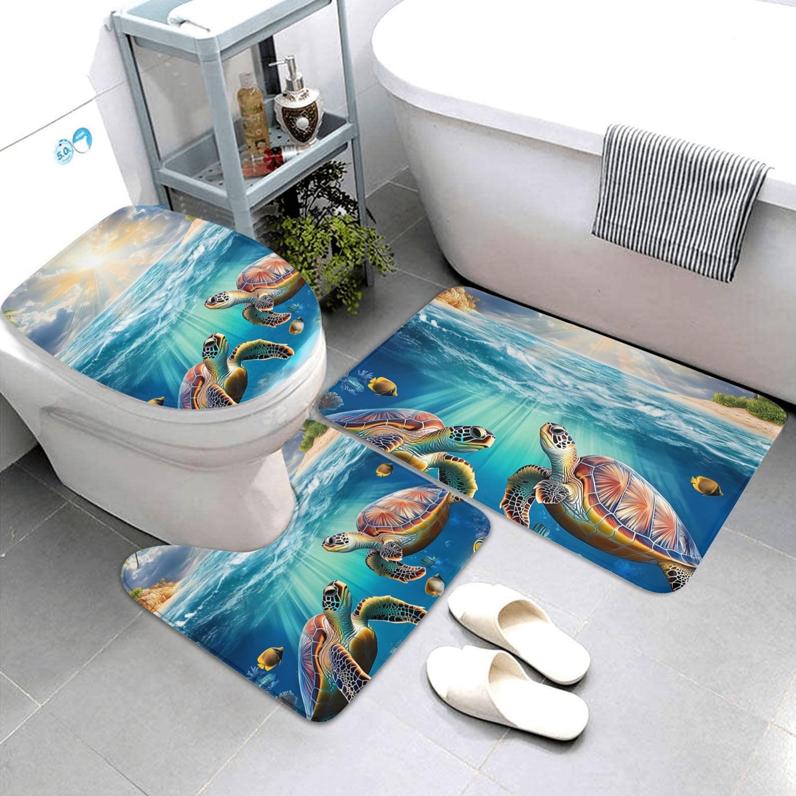 Set di 3 tappeti da bagno estivi a forma di tartaruga, morbidi e assorbenti, in memory foam e a forma di U, decorazione per la casa, ad asciugatura rapida