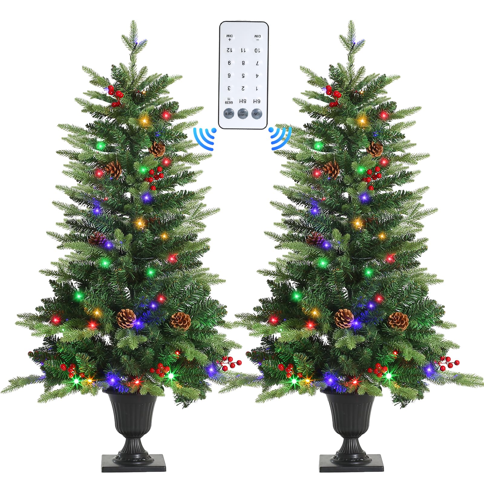 joyhalo 2pcs set 4ft outdoor christmas trees for porch with 60 remote controlled warm white and multicolor led lights, pre-lit potted christmas tree with pvc&pe branches