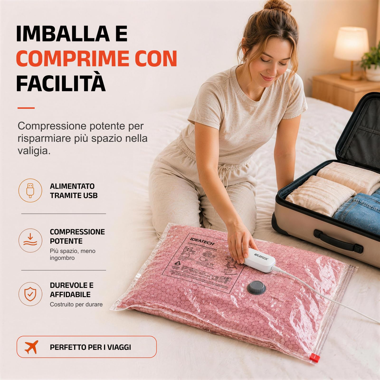 IDEATECH Sacchetti Sottovuoto Vestiti 12 Pezzi (4S 50x40cm+4M 60x40cm+4L 60x50cm) con Pompa USB Compressione Salvaspazio Riutilizzabile per Piumoni Viaggi