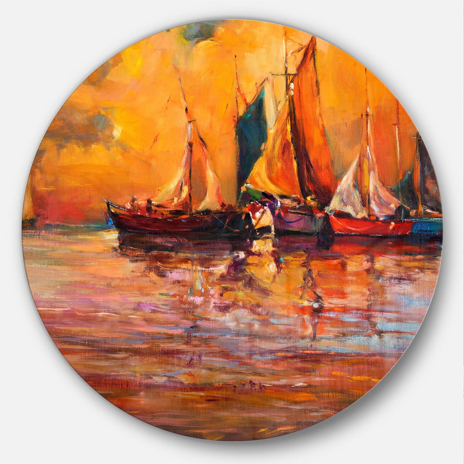 Designart Boats and Ocean in Red - Seascape Painting Disc MT7632
