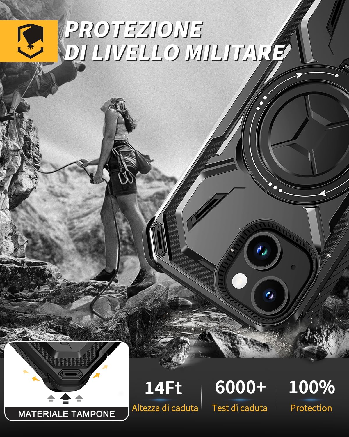 Lanhiem Cover per iPhone 15 con 2 Pezzi Vetro Temperato, Supporto Magnetico ad Anello a 360° Protezione 6FT Antiurto Anticaduta di Livello Militare Armor Protezione, Custodia per iPhone 15, Nero