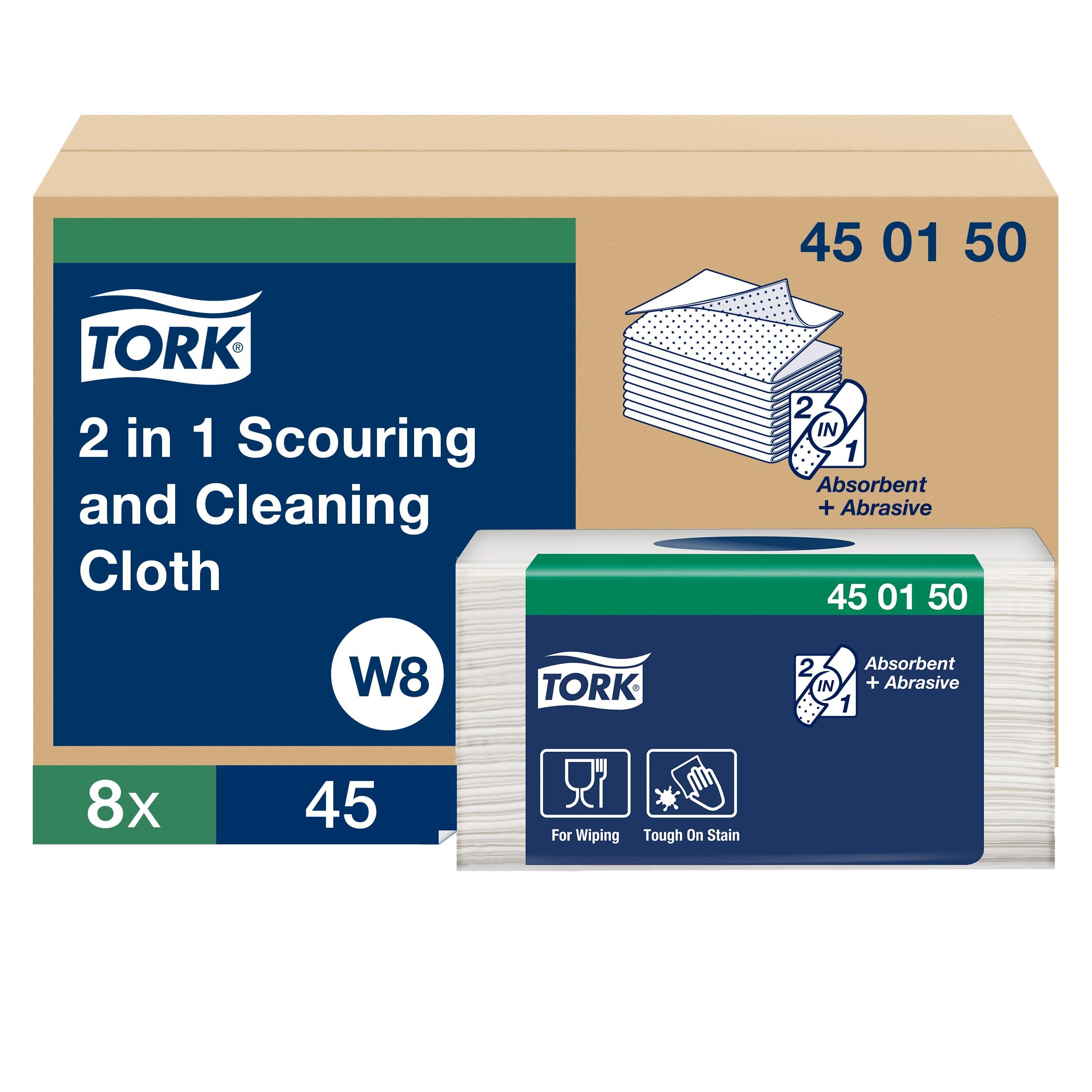Tork 2-in-1 Scouring and Cleaning Cloth, White, Reusable, W8 Compatible, Scratch-Free Cleaning, 8 Packs of 45 Sheets Each (450150)