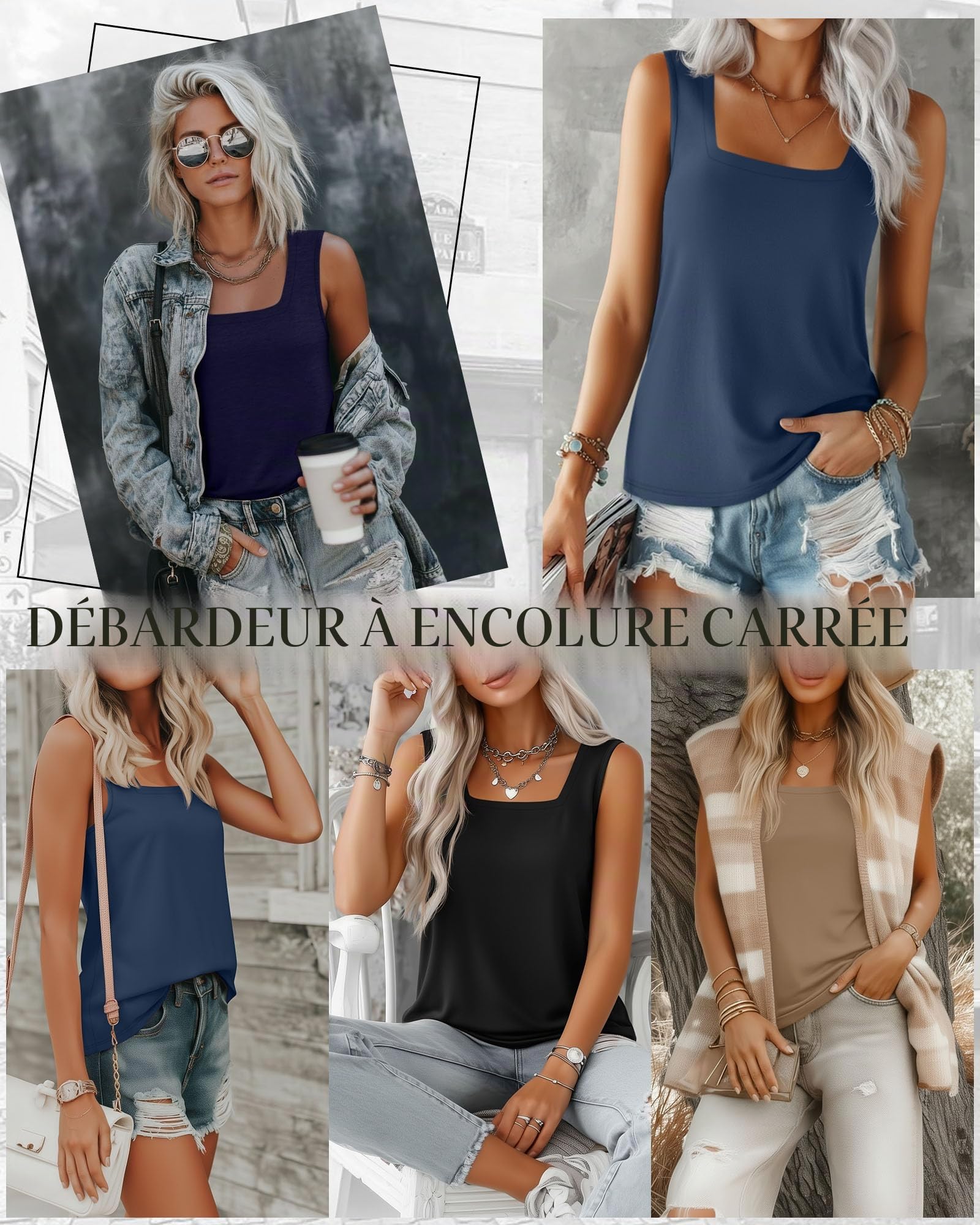 Lot de 3 Débardeurs pour Femme Hauts sans Manches Décontractés pour l'Été Coupe Ample et Col Carré