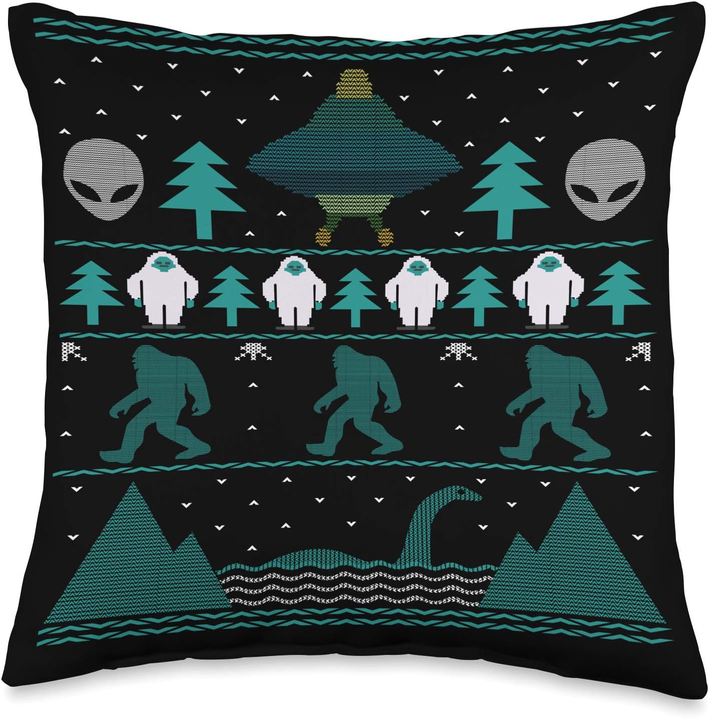 Sci Fi Bigfoot Aliens Yeti Ugly Christmas Sweater Design Throw Pillow