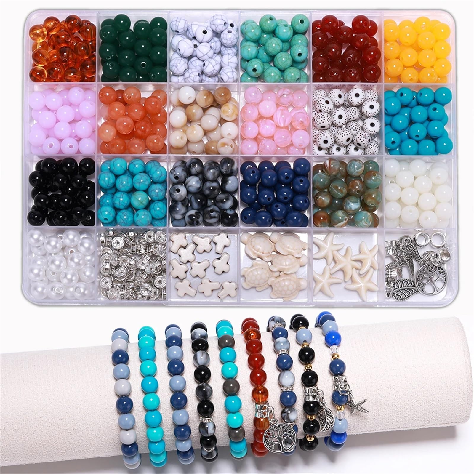 Bryske 2 Boxes 8mm Round Beads Bracelet Making Kit, Marble Turquoise Starfish for Women