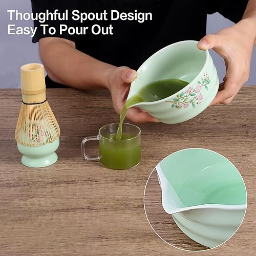 Miniatura 6 de Juego de batidor de matcha verde, juego de 6 piezas, incluye cuenco de matcha con boquilla, batidor de matcha y soporte, tamiz, cuchara y cuchara de