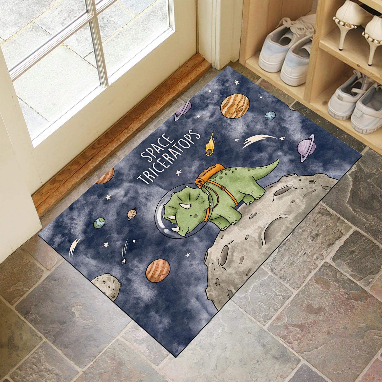 Felpudo Ultrafino Para Interiores,80X120Cm,Astronautas Animales Dibujos Animados Alfombra Antideslizante Lavable Para Entrada,Lindo Dinosaurios Universo Felpudo De Perfil Bajo,Atrapa Suciedad,Azul