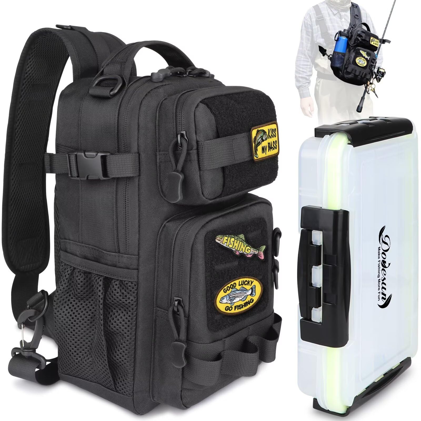 Dovesun Angelrucksack mit 3600 Tackle-Angelbox 1stk, DIY-Logos Angeltasche Angelrucksack zum Organisieren Aufbewahren von Angelzubehör Angeltasche Angeln Wandern Jagd