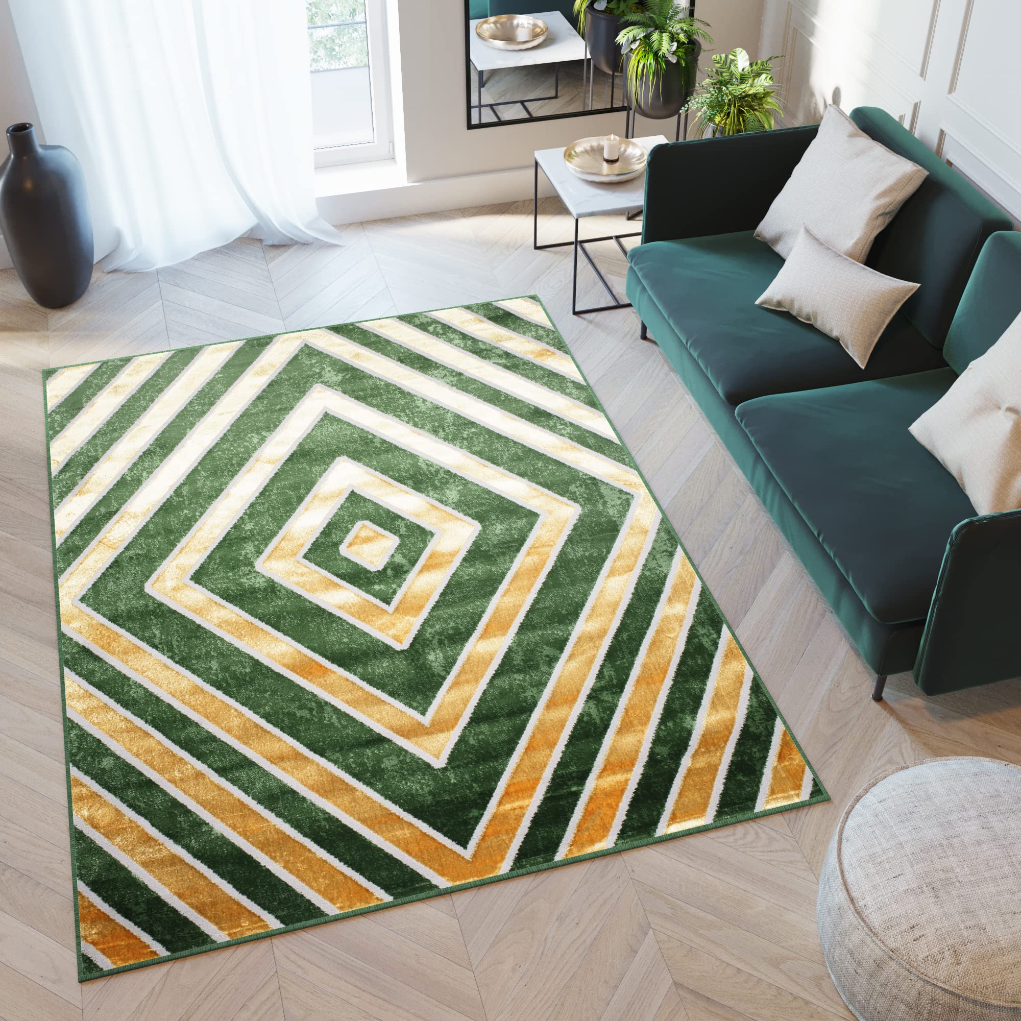 Tapis de salon moderne TAPISO vert et or brillant motif géométrique 200x300 cm