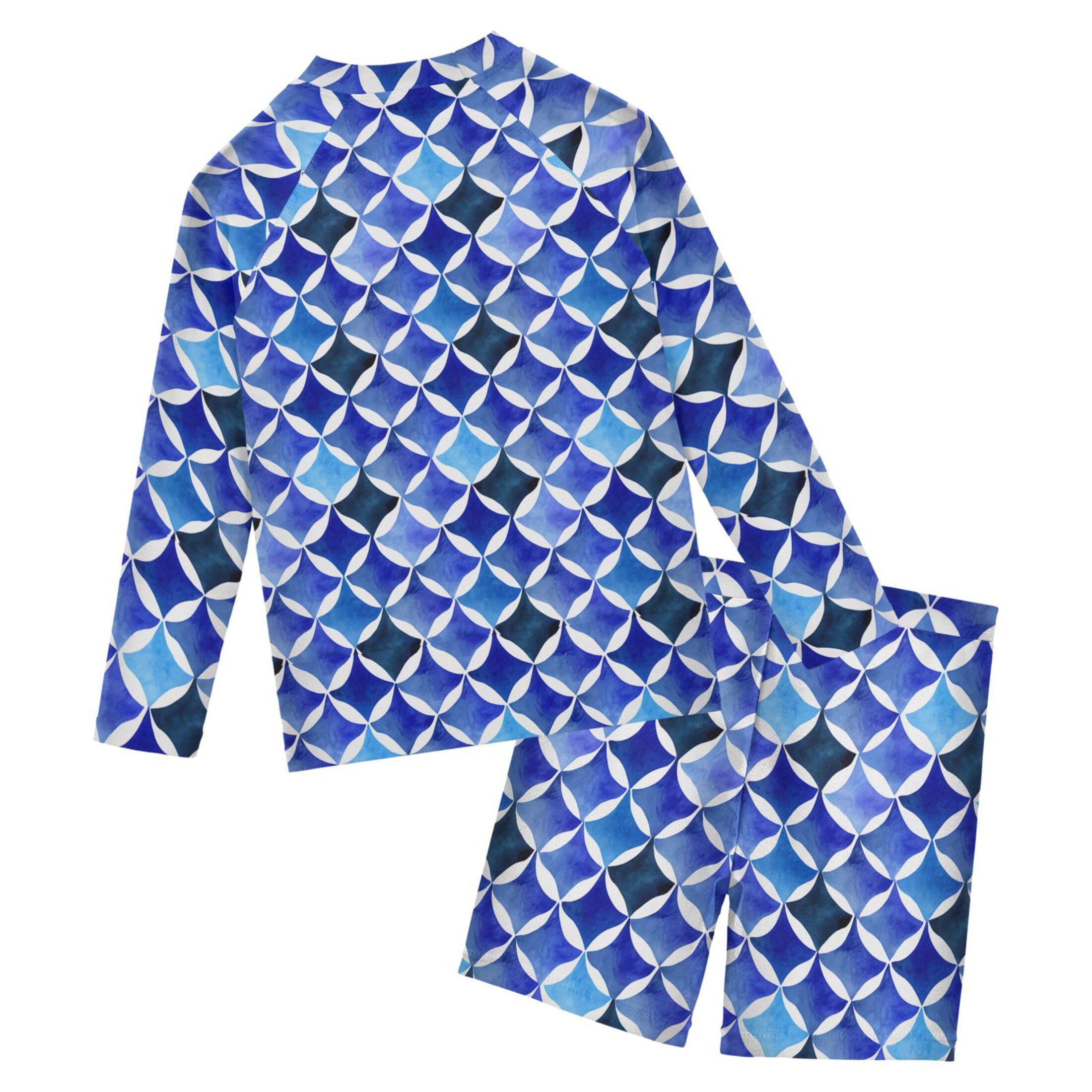 Blue Diamond Pattern Toddler and Baby Boys' 2-Piece Swimsuit Trunk, Long Sleeve Rashguard Bathing Suit B0404803