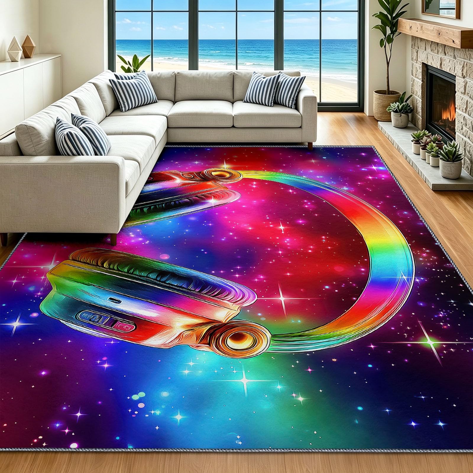 Tappeto a pelo corto lavabile, 160 x 230 cm, con musica pop art, morbido, antiscivolo, facile da pulire, design con cuffie, per interni come camera da letto, cucina, cameretta dei bambini, corridoio
