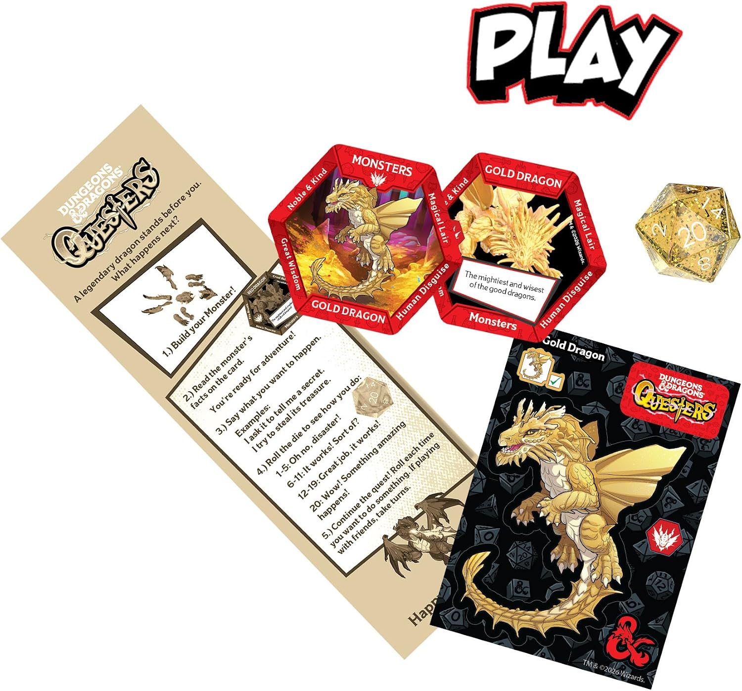 Dungeons & Dragons Questers Buildable Figure, 5-Inch D&D Collectible Dragon Toy in Break-Apart Egg Capsule with D20 Die - Gold Dragon
