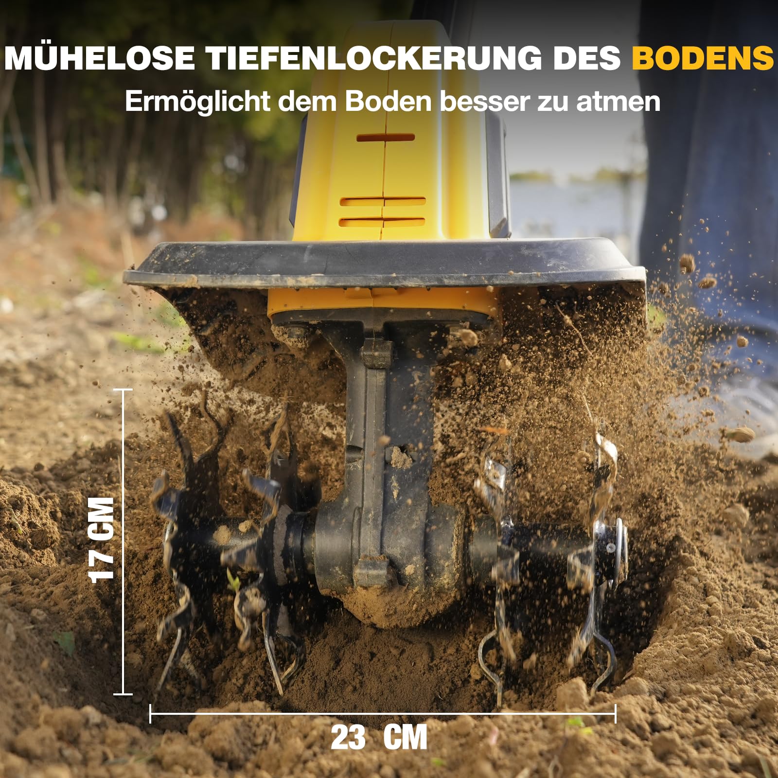 Alloyman 20V MAX Akku Bodenhacke Gartenfräse, 360 U/min Elektro Motorhacke, mit 2 x 4,0 Ah Akkus und Ladegerät, 23 cm Arbeitsbreite, 17 cm Tiefe, mit Schutzschalter, für Rasen/Garten/Bodenbearbeitung