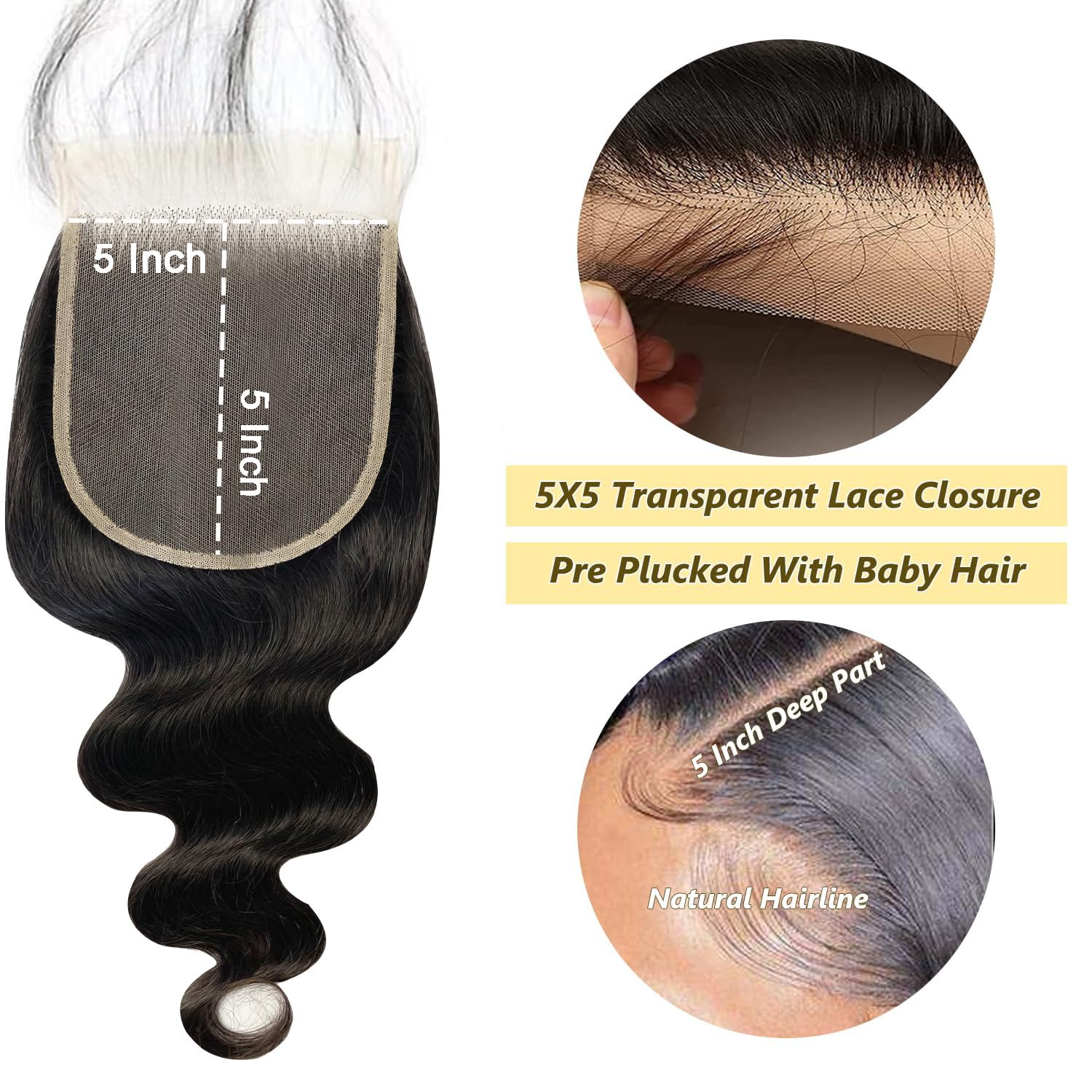 5x5 HD Lace Closure Transparent Frontal 100% Real Body Wave Human Hair HD Lace Closure Only Bleached Small Single Knots Human Hair for Black Women Natural Color(14 Inch)