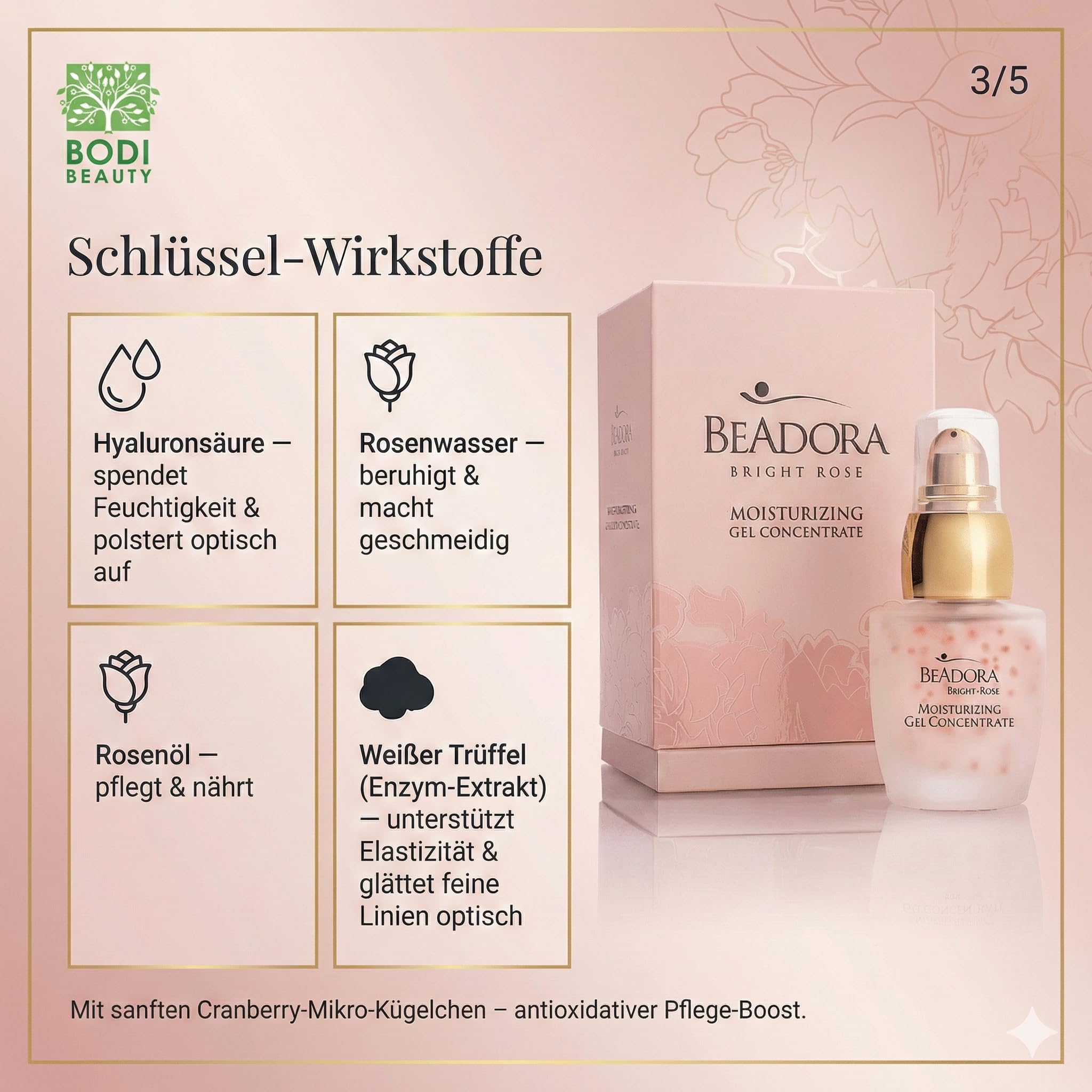 BeAdora Rose Gel-Konzentrat 30 ml mit Rosenöl & Hyaluronsäure