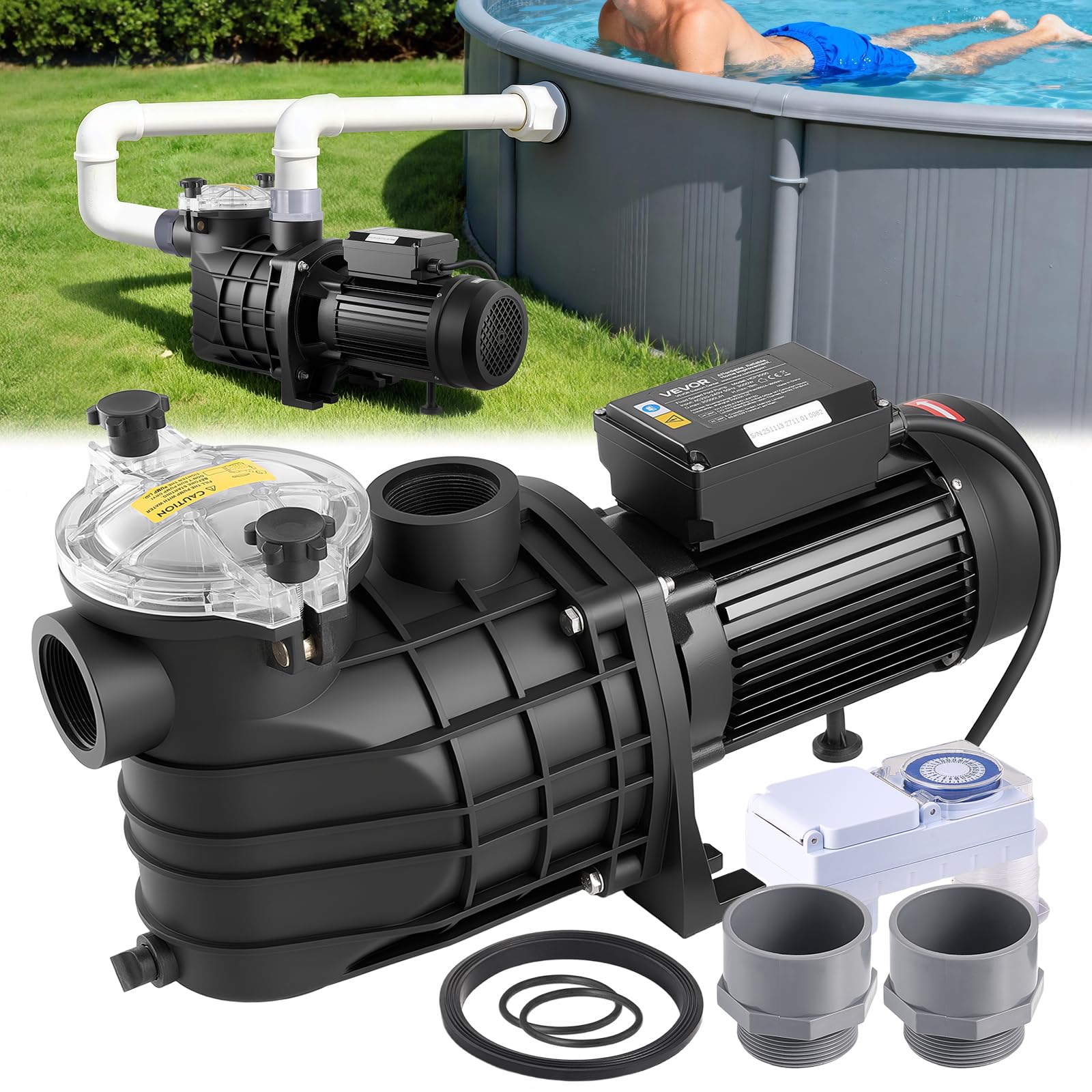 VEVOR Bomba para Piscina 3000 W Caudal Máximo de 35.000 L/H, Bomba de Filtro para Piscina de Una Sola Velocidad, CA 220-240 V, Altura de Elevación Máxima de 19 m, con Temporizador de 24 Horas