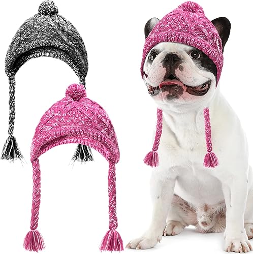 Gorro de invierno para perro, 2 piezas, cálido gorro de pompón, gorro de punto para perro cachorro con agujeros para las orejas, gorro de punto para
