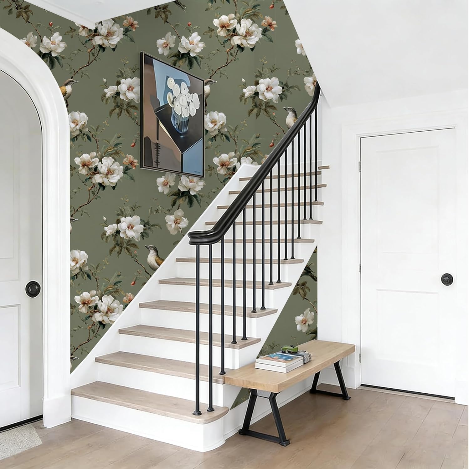 Chinoiserie Wallpaper Peel and Stick, Chinese Bird & Floral Pattern, Removable Self-Adhesive Mural for Living Room & Bedroom, 17.7x236 Inch