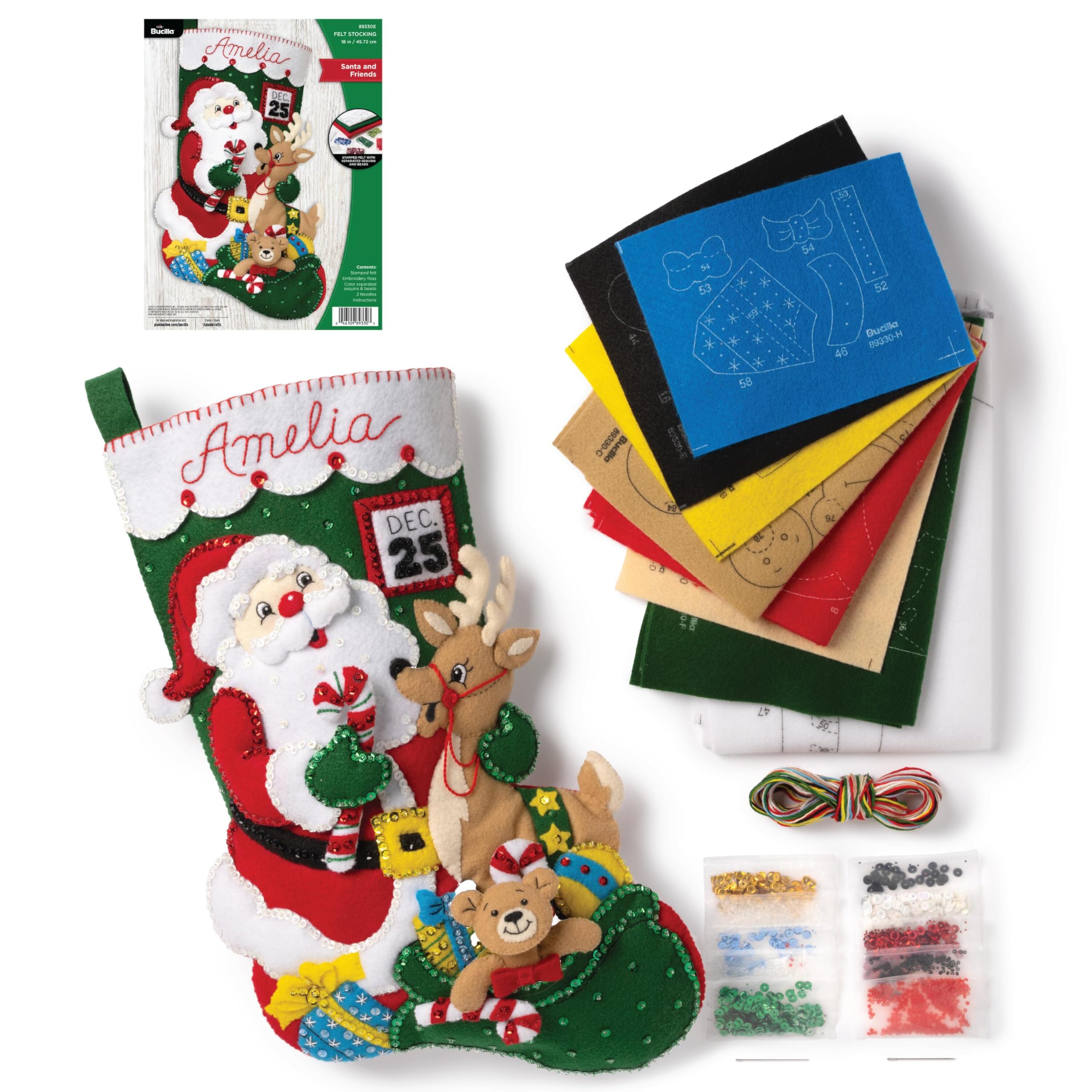 Felt Applique Christmas Stocking Kit, Santa and Friends 18" Felt Applique Stocking Making Kit, Perfect for DIY Holiday Needlepoint Arts and Crafts, 89330E