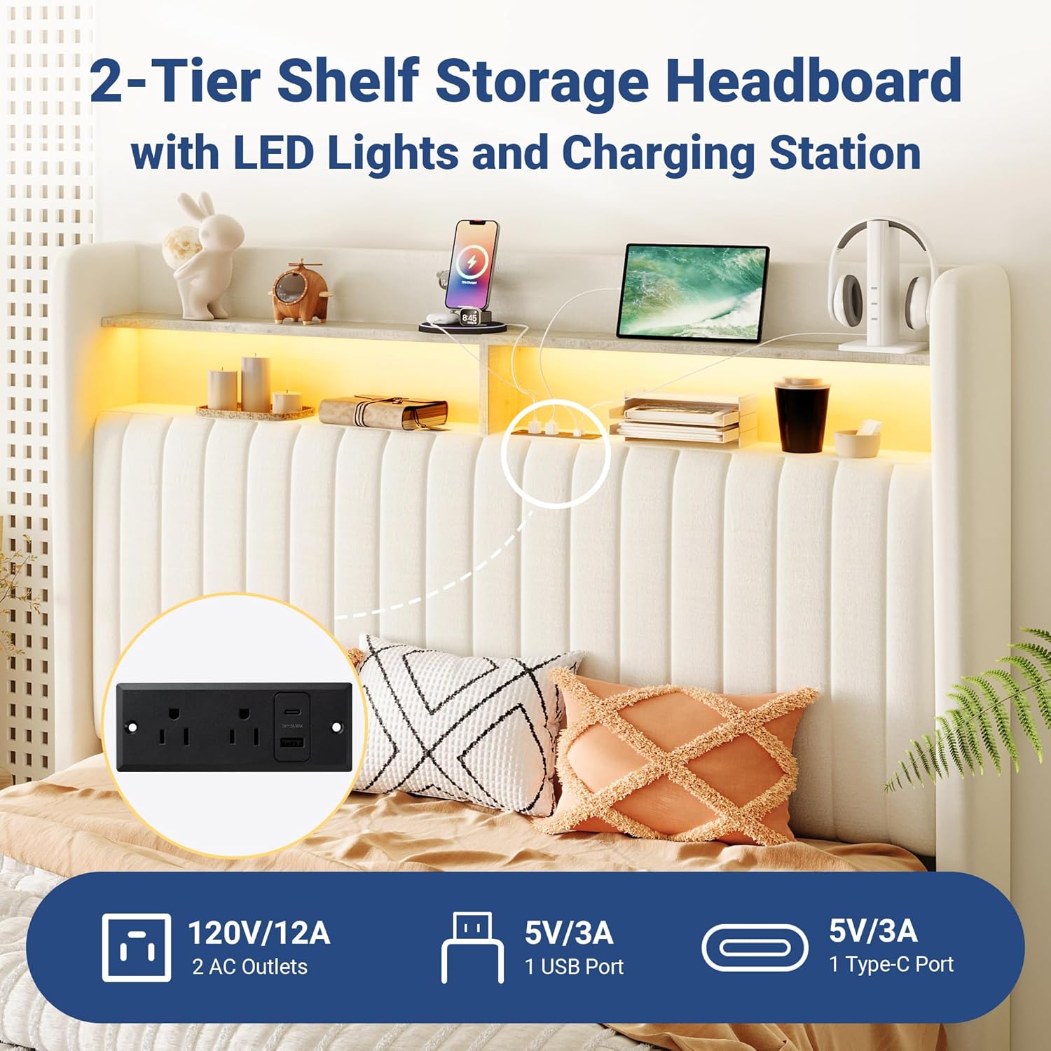 Allewie bed frame headboard with 2-tier storage shelves, LED lights, and charging ports.