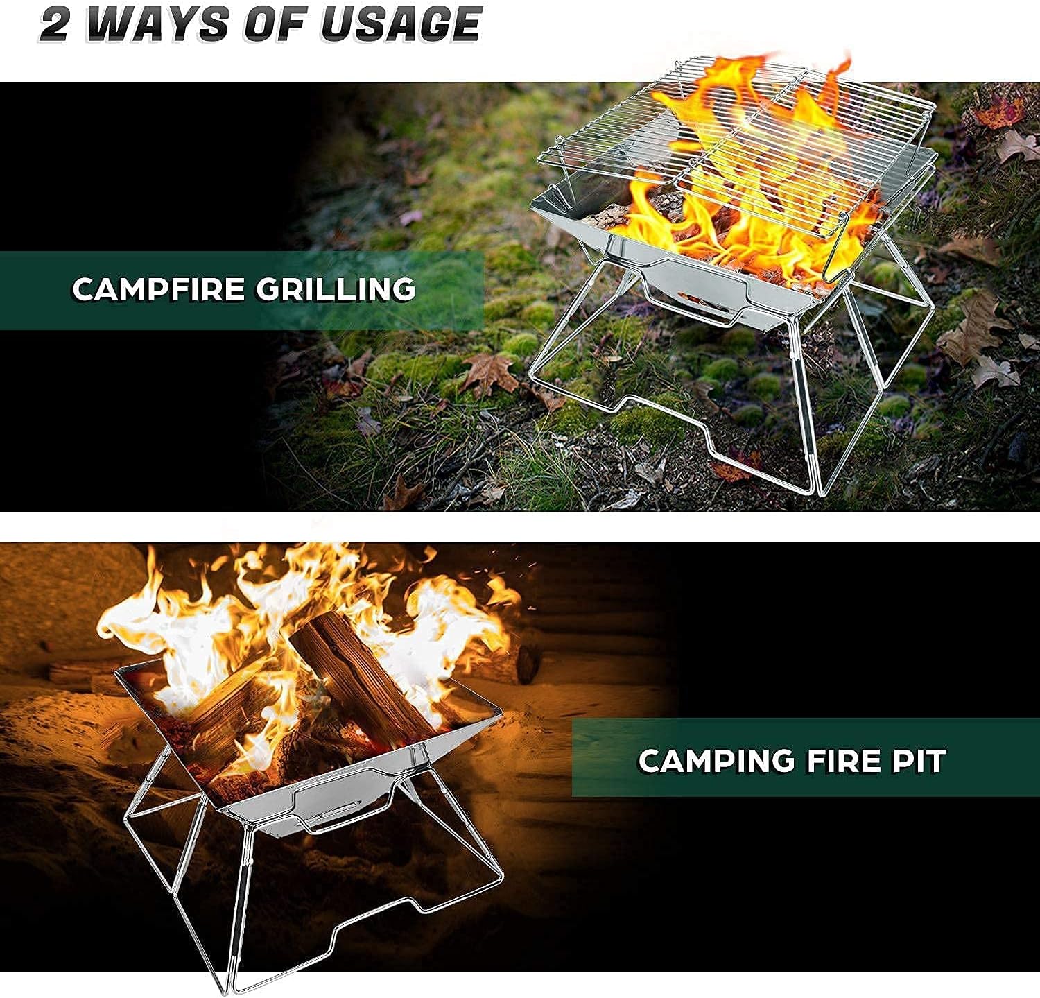 Odoland Bundle – 2 Items 10pcs Camping Cookware Mess Kit and Folding Campfire Grill, Camping Fire Pit, Outdoor Wood Stove Burner for Outdoor Backpacking Hiking BBQ