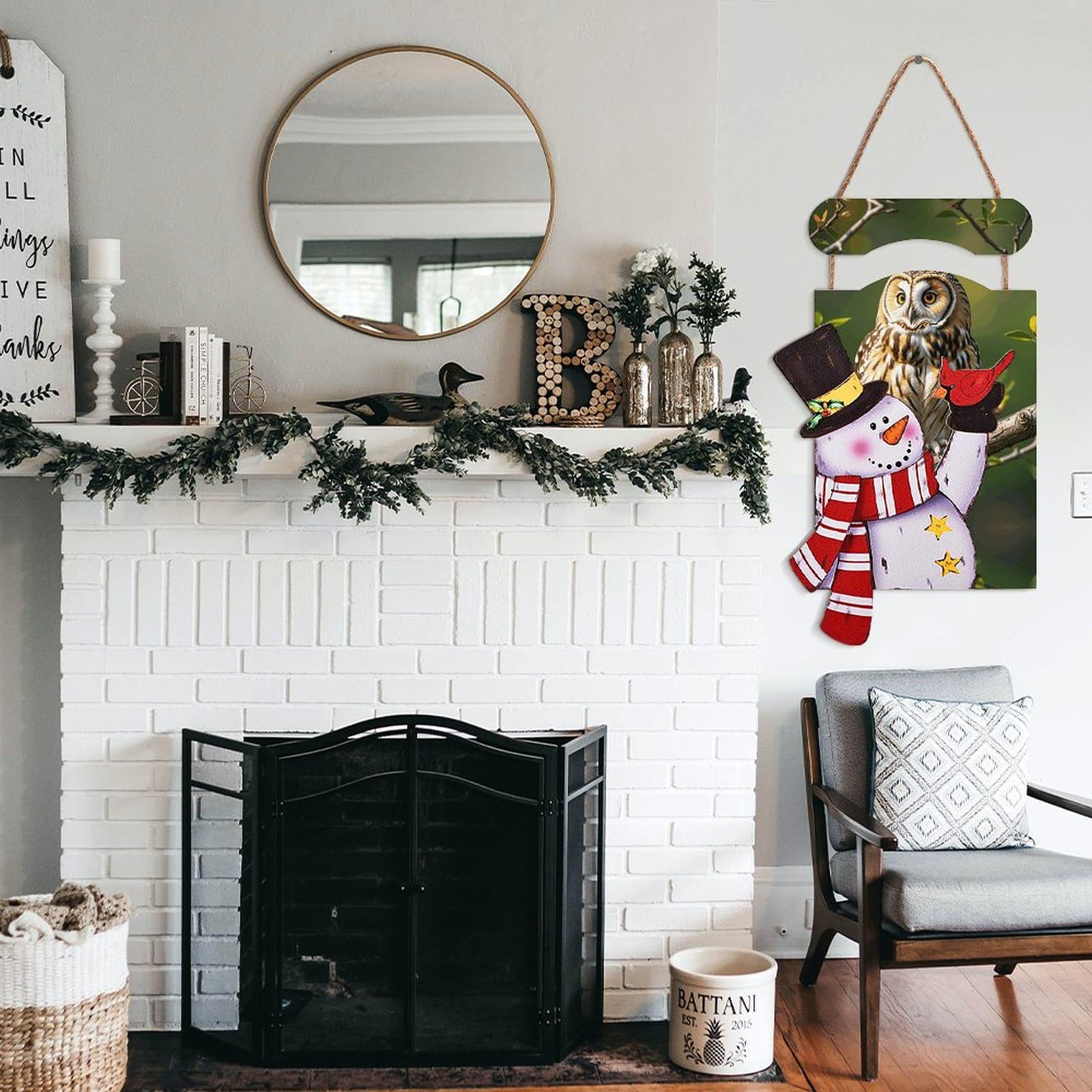 VFKLT Decorazione da parete con pupazzo di neve di Natale, immagine in legno da appendere, decorazioni invernali, dipinti di gufo, rami di albero stampati, pittura decorativa natalizia decorazione da