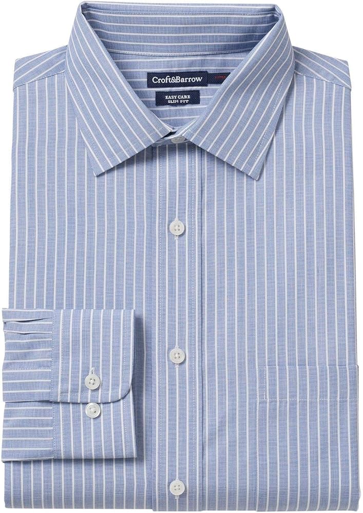 Croft Barrow Men S Slim Fit Easy Care Spread Collar Blue Stripe Dress Shirt Size 17 32 33 At Amazon Men S Clothing Store