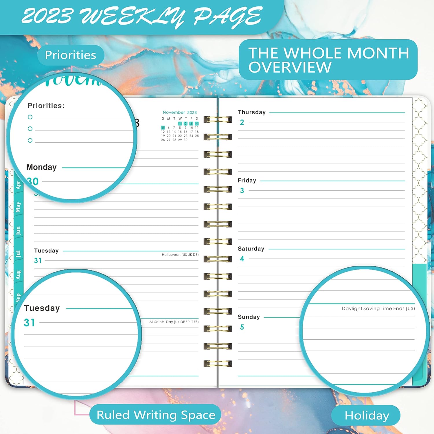 2023 Planner - 2023 Weekly & Monthly Planner with Tabs, 6.3" x 8.4", January 2023 - December 2023, Hardcover with Back Pocket + Thick Paper + Twin-Wire Binding - Contrast Watercolor : Office Products