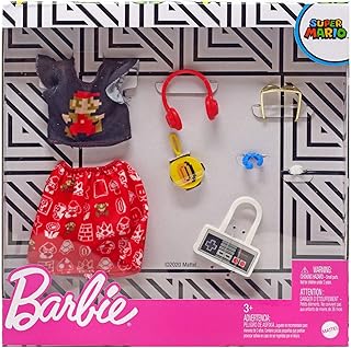 Barbie Storytelling Fashion Pack of Doll Clothes Inspired by Super Mario: Graphic Top, Print Skirt & 6 Video Game-Themed Accessories Dolls, Gift for 3 to 8 Year Olds