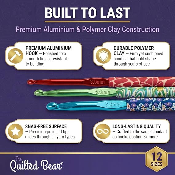 The Quilted Bear Floral Crochet Hook Set – 12 Premium Soft Grip Crochet Hooks with Ergonomic Polymer Clay Handles for Comfortable & Effortless Crocheting (2mm–8mm)