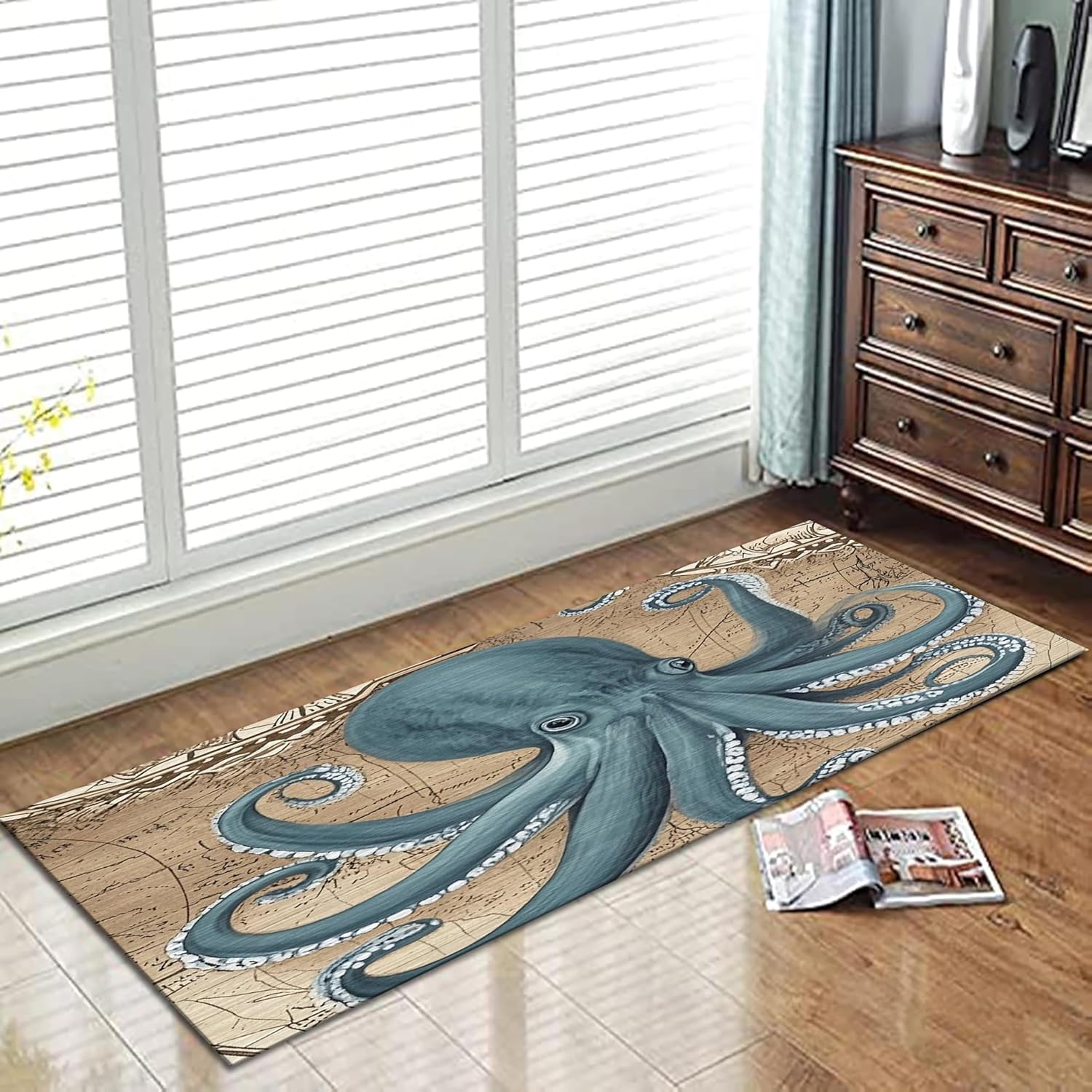 Octopus Runner Rug 2x8ft,Big Grey Octopus Tentacles Washable Rugs,Soft Realistic Sea Creatures Non Slip Kitchen Mats for Floor,Huge Ocean Kraken Low Pile Hallway Carpet Runner for Bedroom Bedside