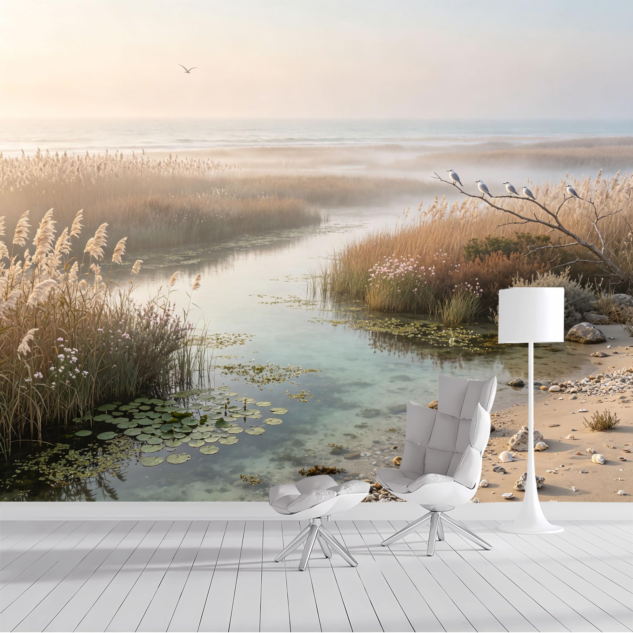 Custom Size Wall Mural Coastal River Misty Reeds Seagulls Calm Water Landscape Oil Painting SelfAdhesive Wall Fabric Removable Peel and Stick Wallpaper for Living Room Bedroom Bathroom