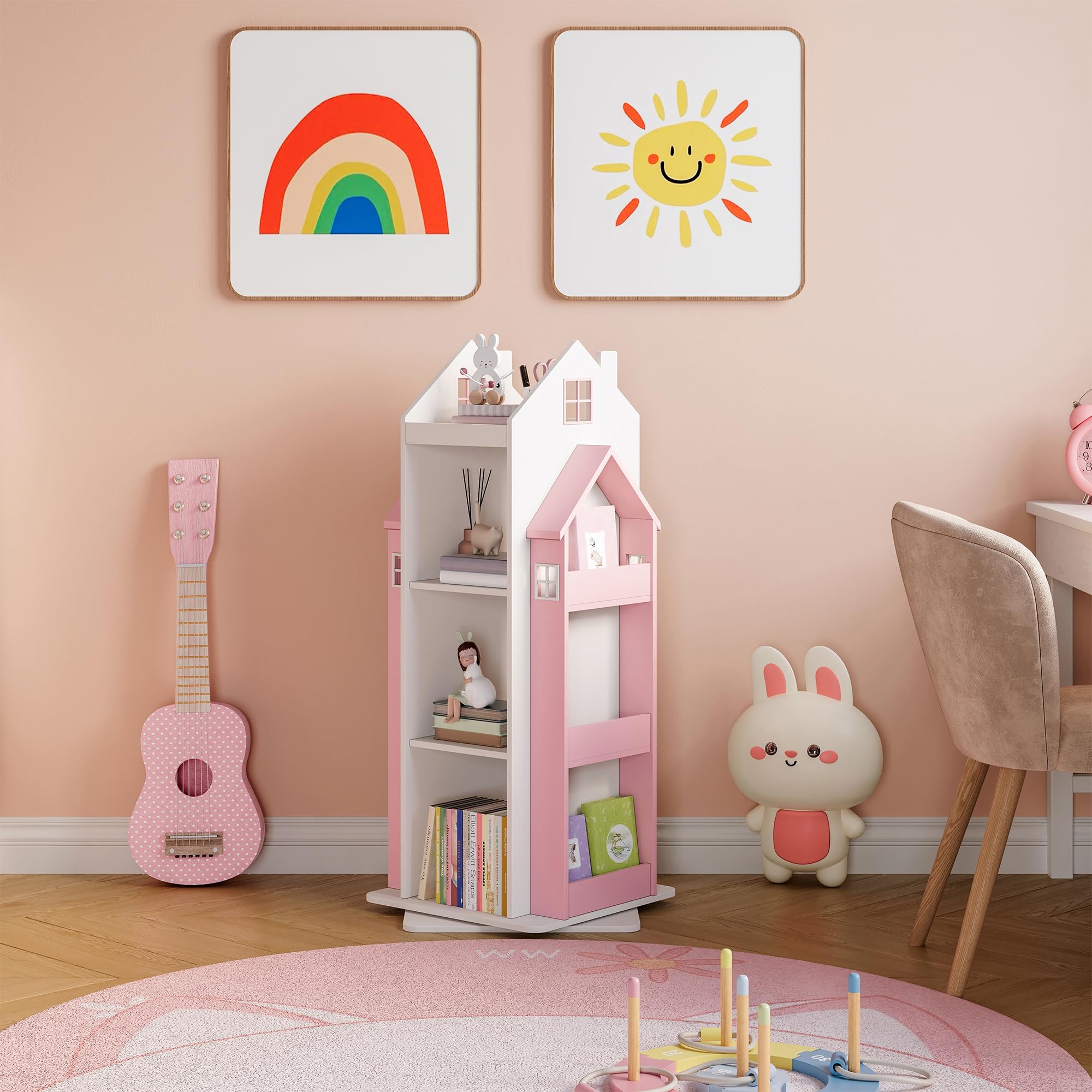 [en.casa] Scaffale Girevole per Cameretta a Forma di Casetta Libreria Rotante per Bambini con Ripiani e Porta Libri Laterali 108x40x40 cm Rosa/Bianco
