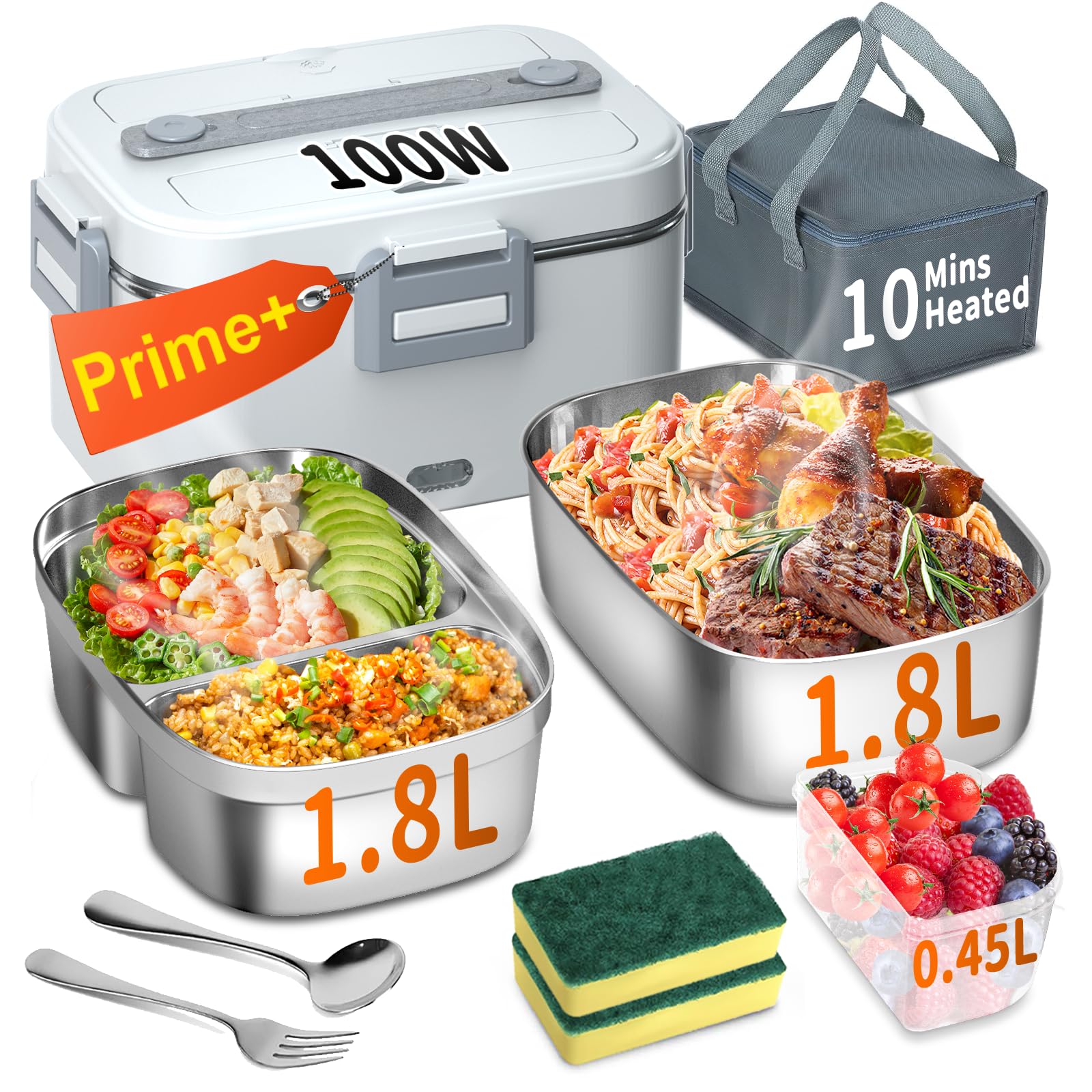 Electric Heated Lunch Box for Adults with 2 Pack 1.8L Containers, ON/OFF Power Switch & 0.6L Double Layer, Portable 100W 3-IN-1 Fast Heating Food