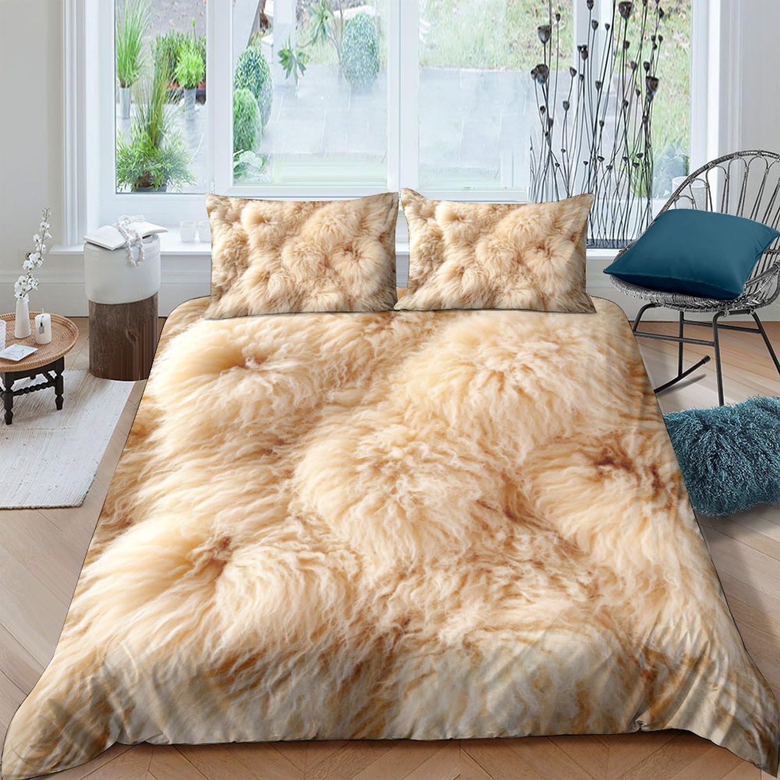 Ctjqhvkz Style-2 3D Printed Fluffy Beige Fitted Sheet Microfiber Soft Fur Texture Bed Cover For Bedroom Guest Room Decor Easy Care Single（135X200cm）